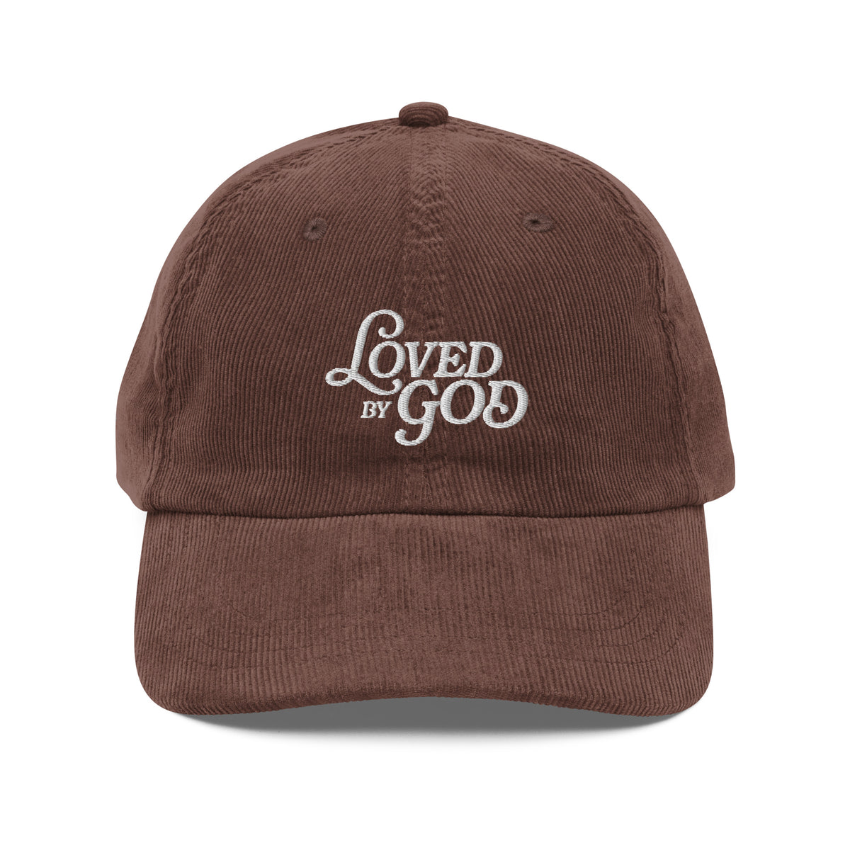 Loved by God Vintage Corduroy Cap Christian streetwear brown front view — Entrusted to Him