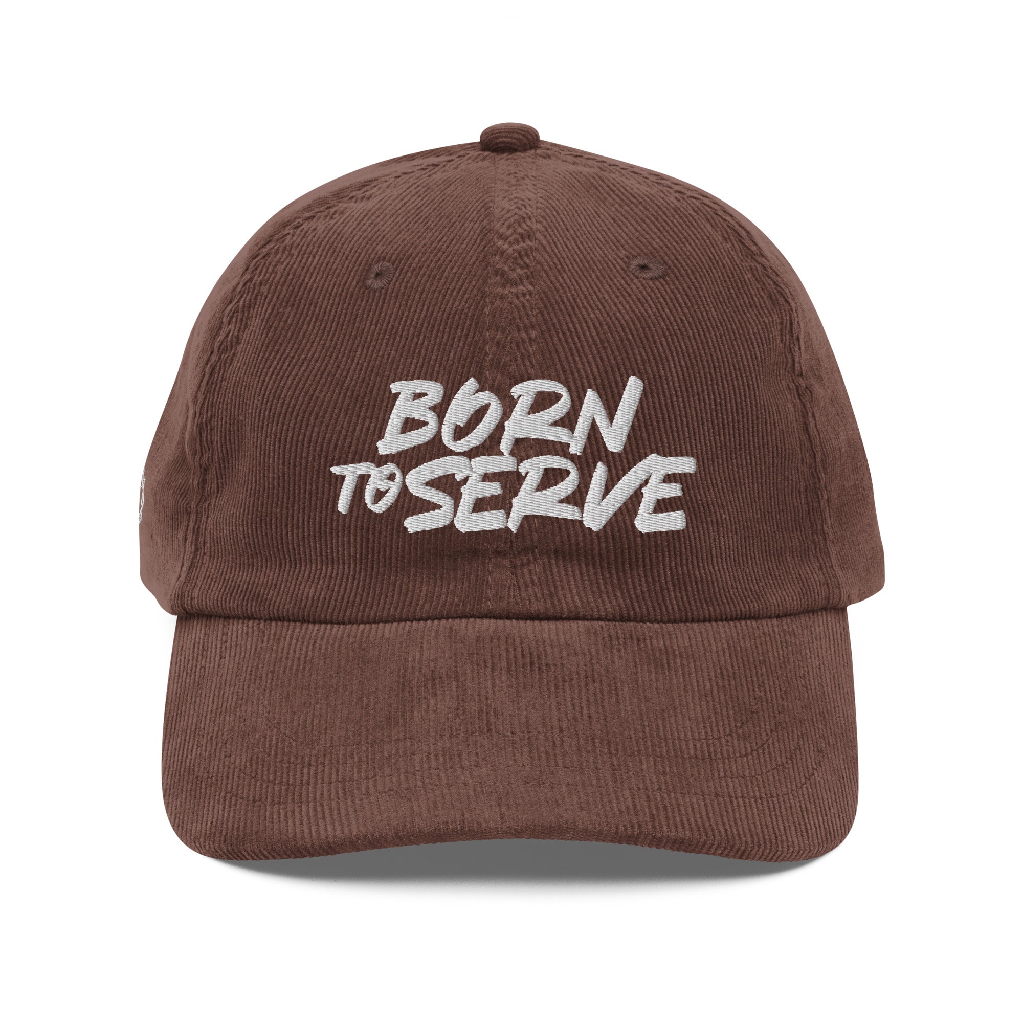 Image of Born To Serve Vintage Corduroy Cap Christian streetwear brown front view — Entrusted to Him