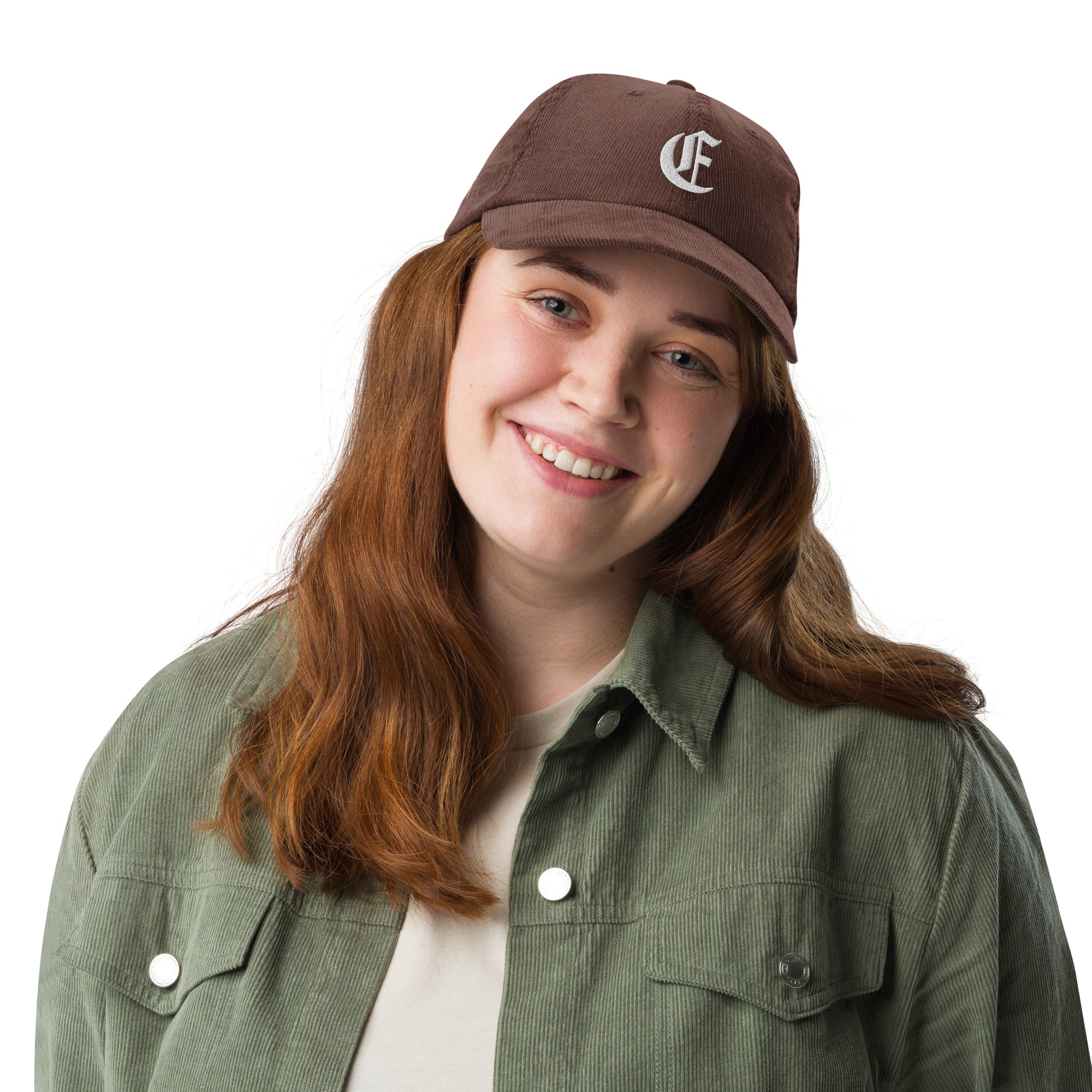 Image of Entrusted Corduroy christian hat for women brown front alternate view — Entrusted to Him