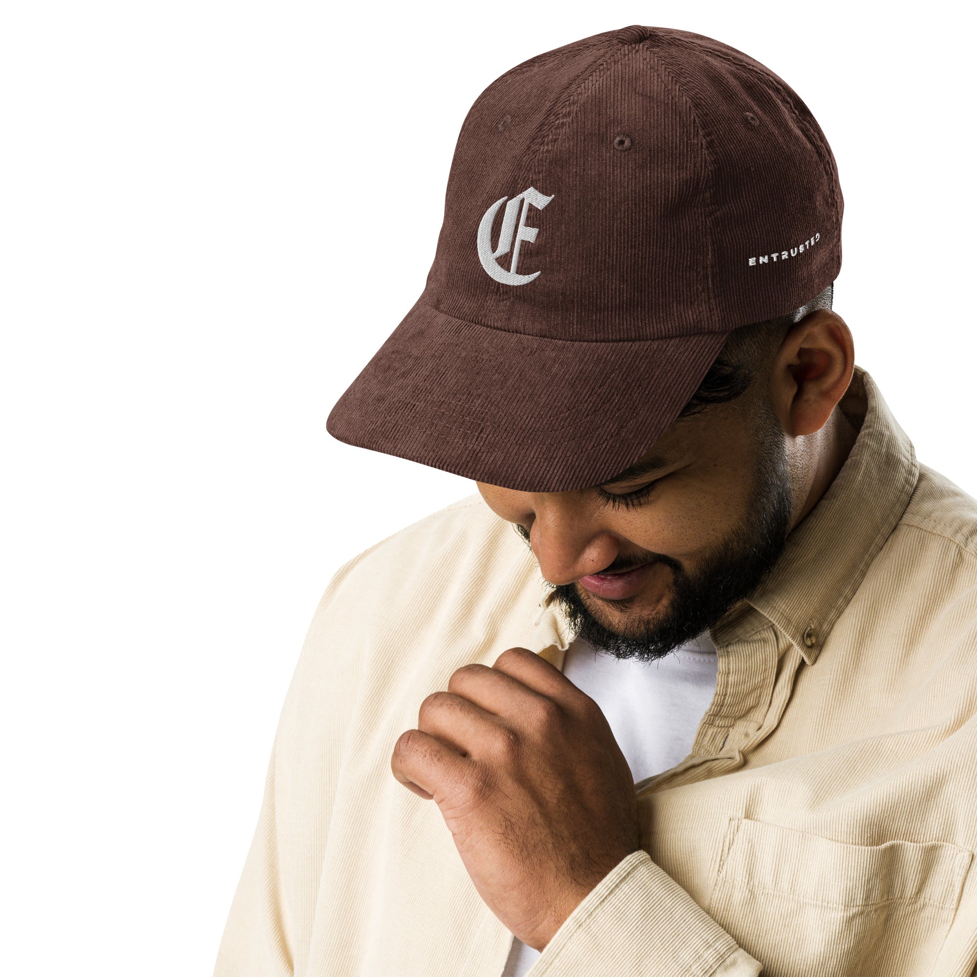 Image of Entrusted Corduroy Christian hat brown front lifestyle view — Entrusted to Him