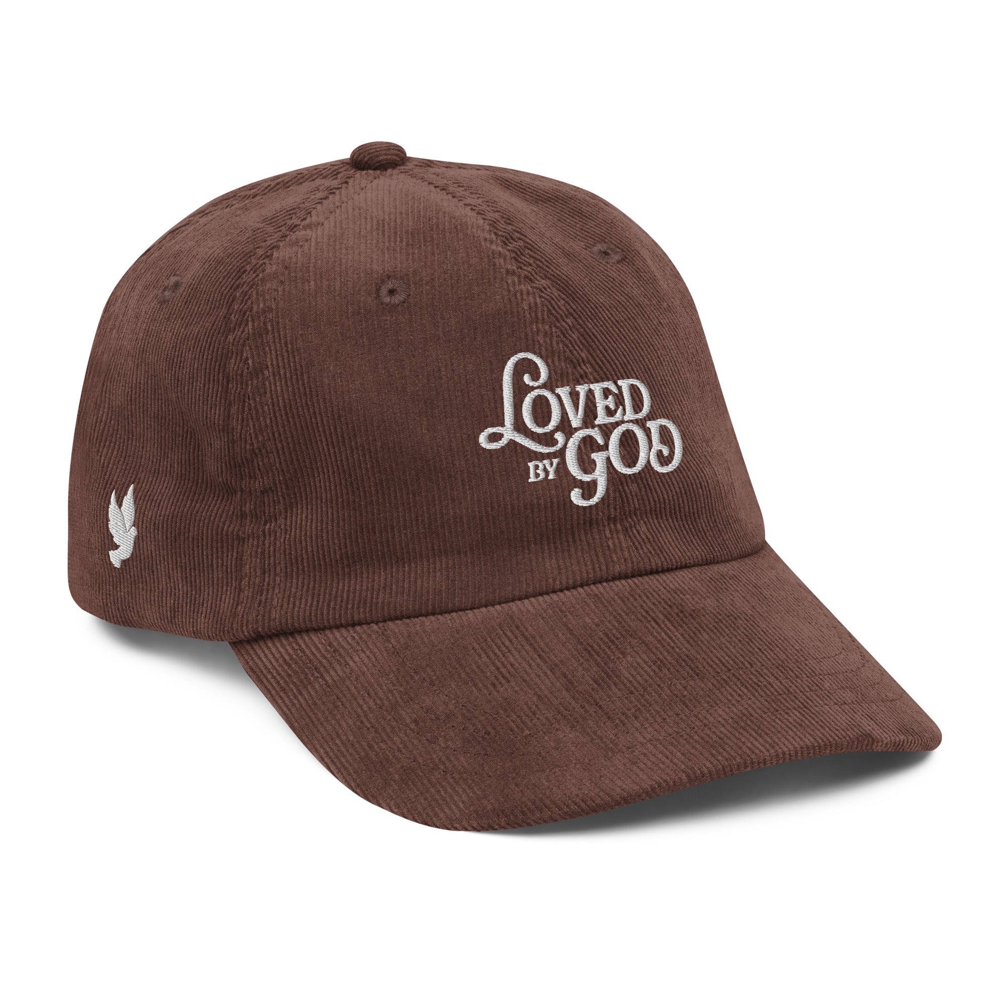 Image of Loved by God Vintage Corduroy Cap Christian streetwear brown right front view — Entrusted to Him