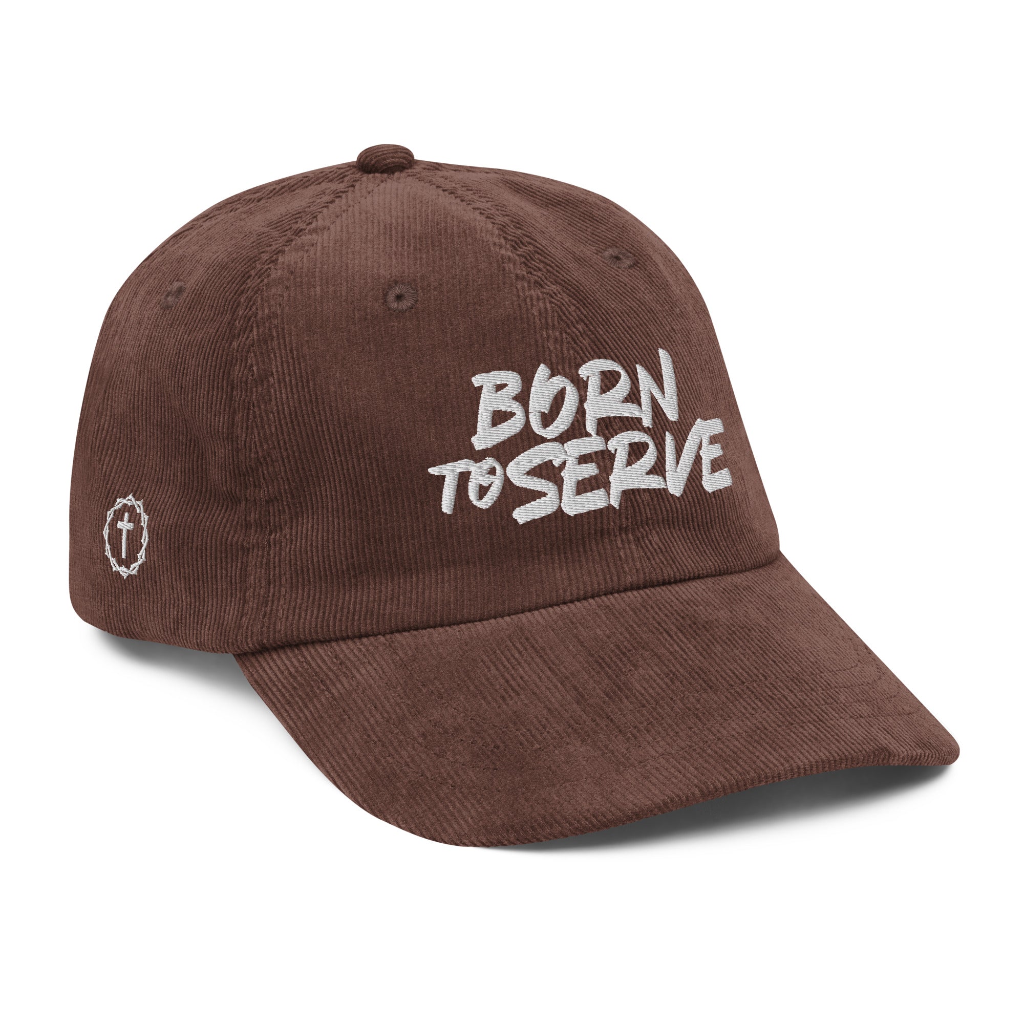 Image of Born To Serve Vintage Corduroy Cap Christian streetwear brown right front view — Entrusted to Him