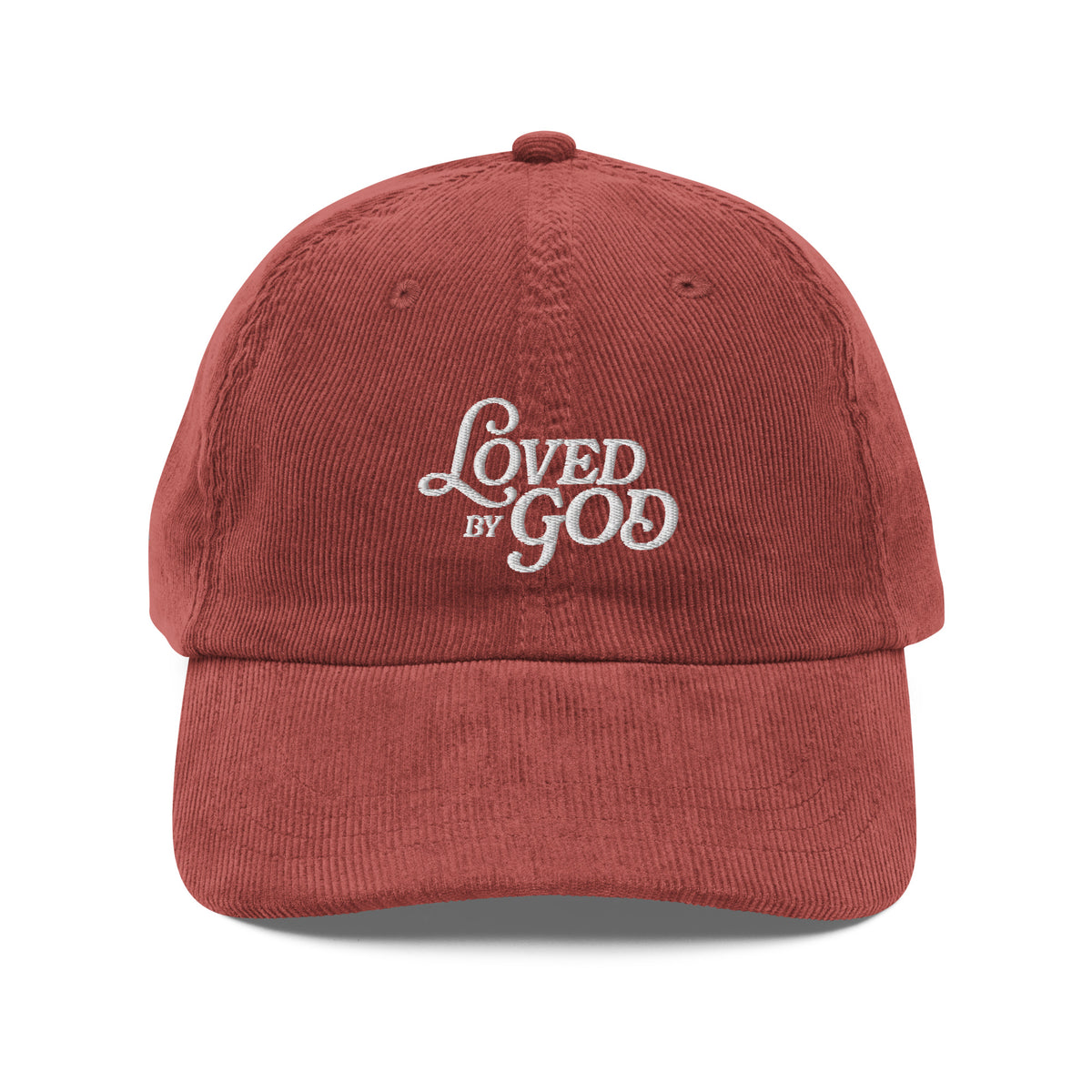 Loved by God Vintage Corduroy Cap Christian streetwear burgundy front view — Entrusted to Him