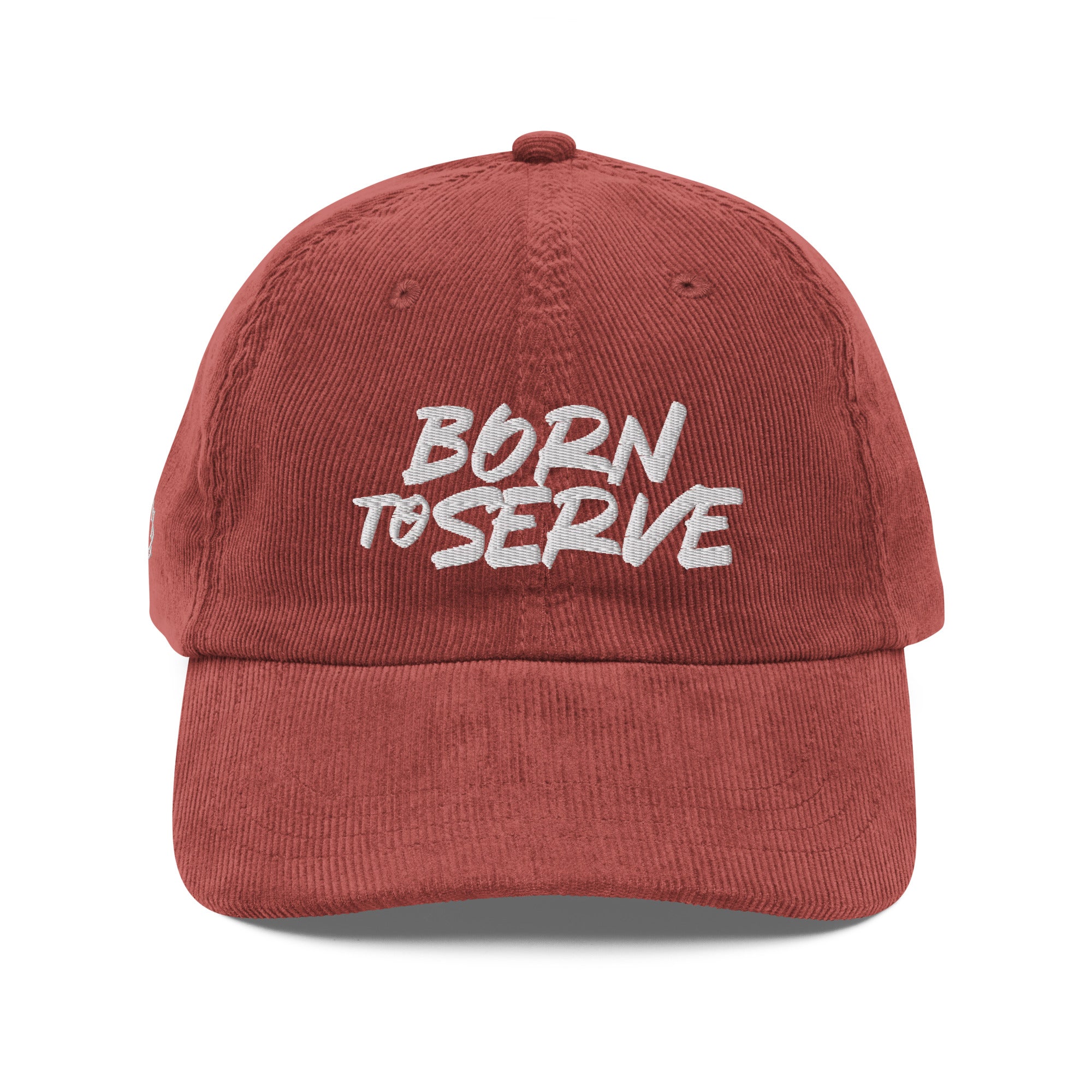 Image of Born To Serve Vintage Corduroy Cap Christian streetwear burgundy front view — Entrusted to Him