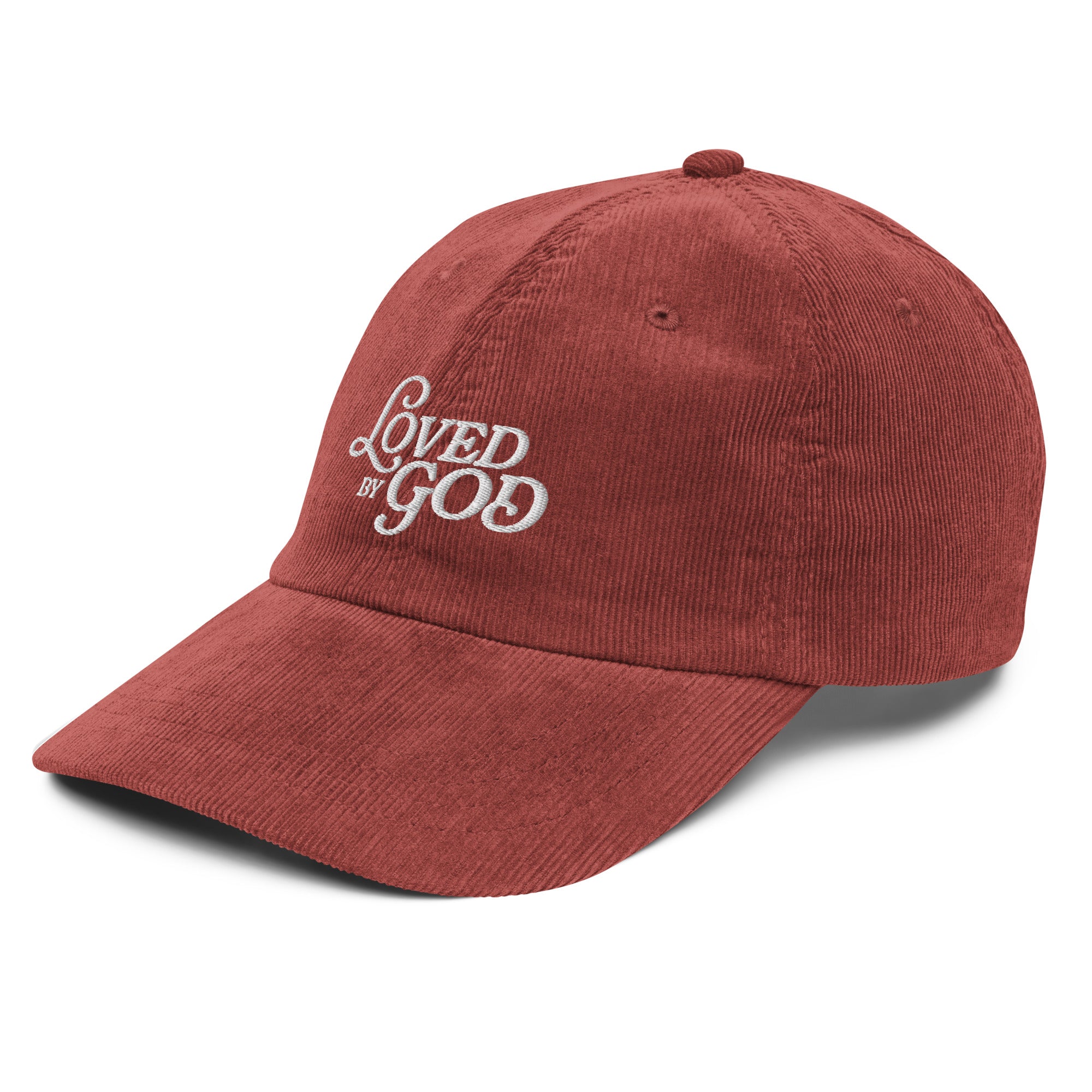 Image of Loved by God Vintage Corduroy Cap Christian streetwear burgundy left front view — Entrusted to Him
