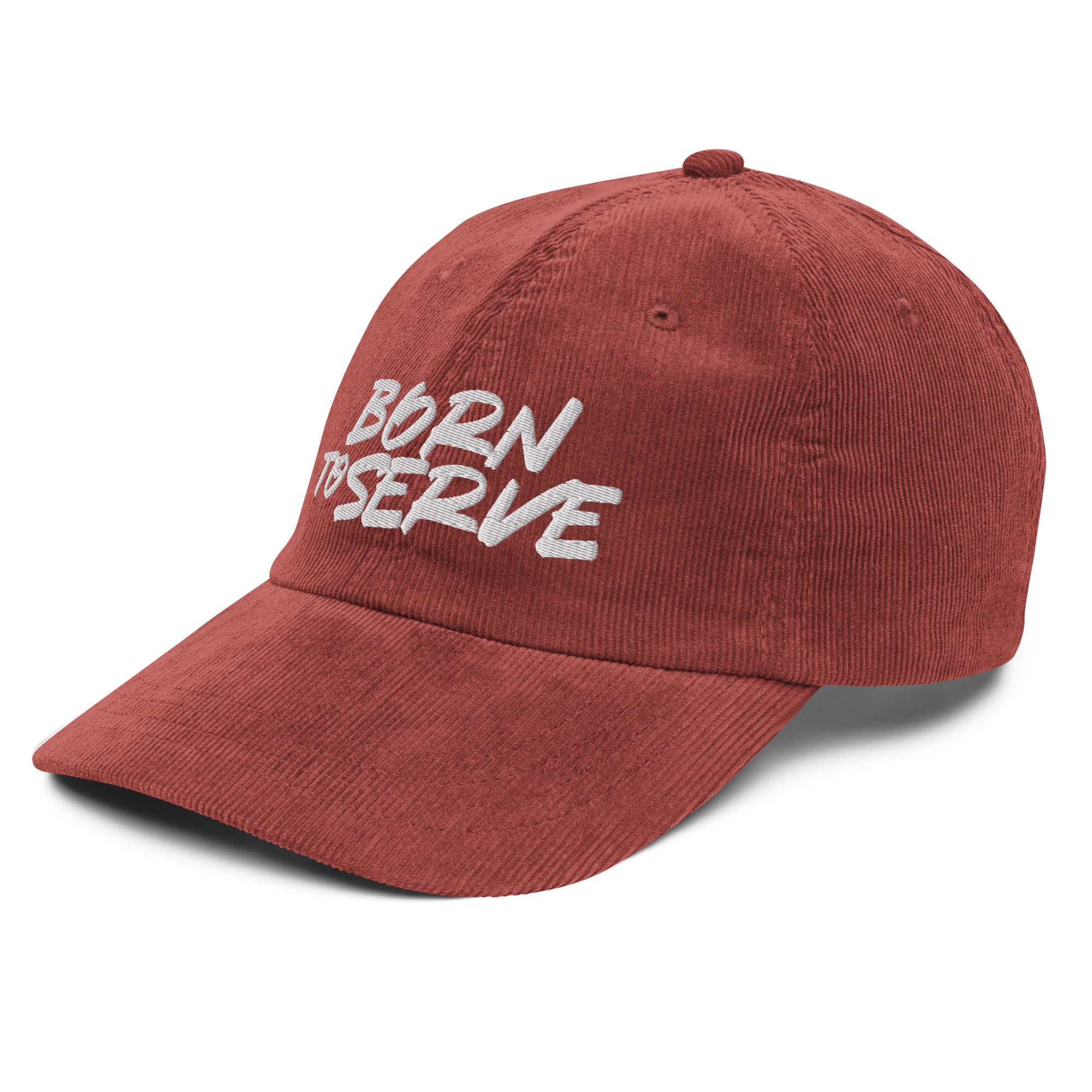 Image of Born To Serve Vintage Corduroy Cap Christian streetwear burgundy left front view — Entrusted to Him