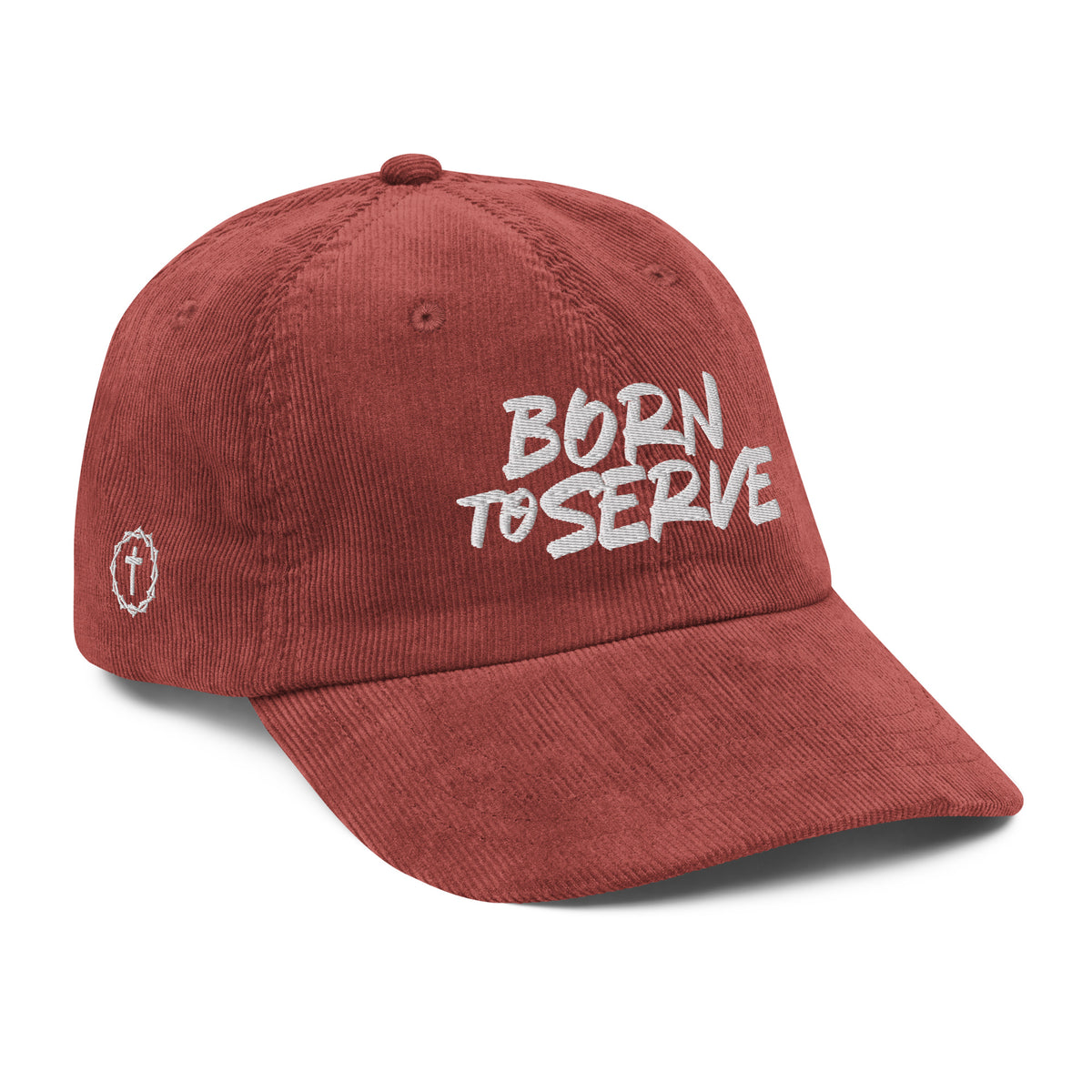 Born To Serve Vintage Corduroy Cap Christian streetwear burgundy right front view — Entrusted to Him