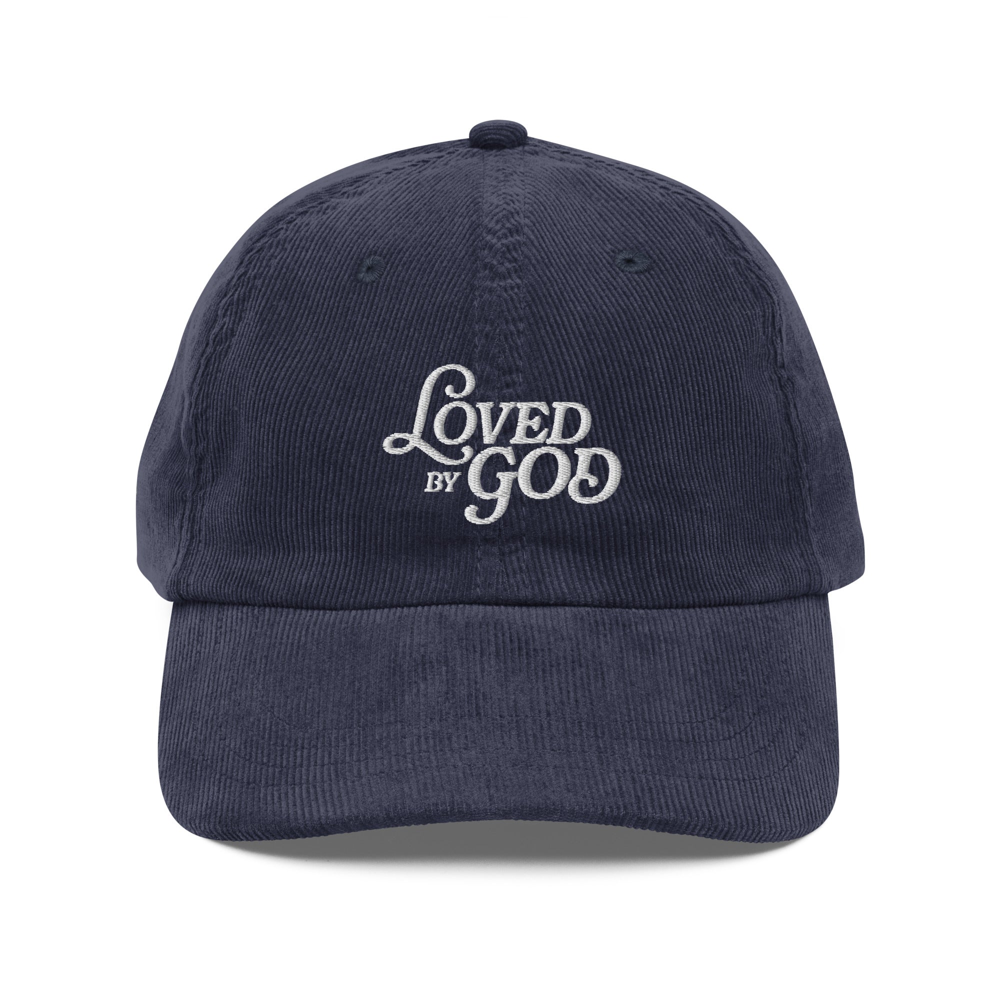 Image of Loved by God Vintage Corduroy Cap Christian streetwear navy front view — Entrusted to Him