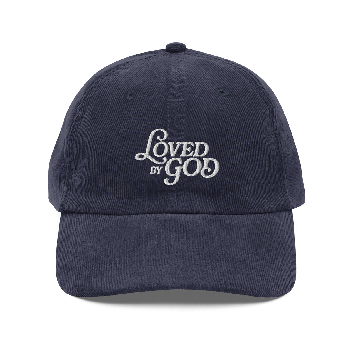 Loved by God Vintage Corduroy Cap Christian streetwear navy front view — Entrusted to Him