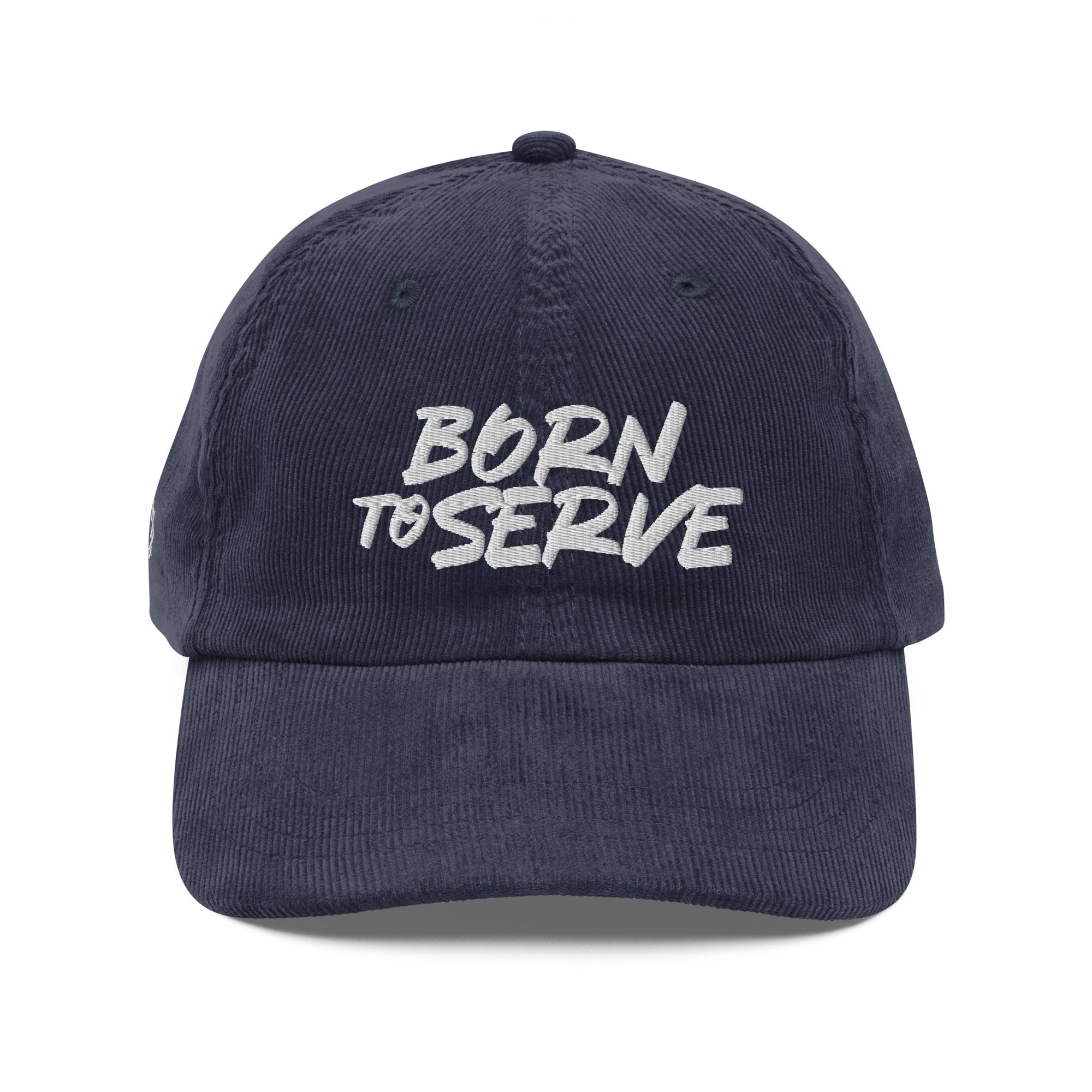 Image of Born To Serve Vintage Corduroy Cap Christian streetwear navy front view — Entrusted to Him