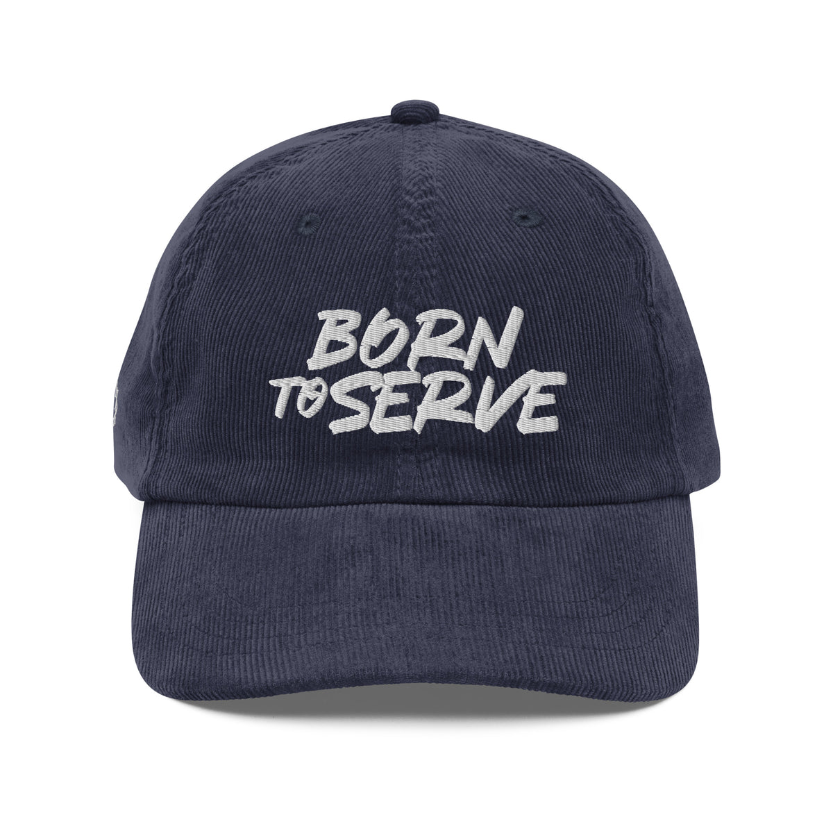 Born To Serve Vintage Corduroy Cap Christian streetwear navy front view — Entrusted to Him