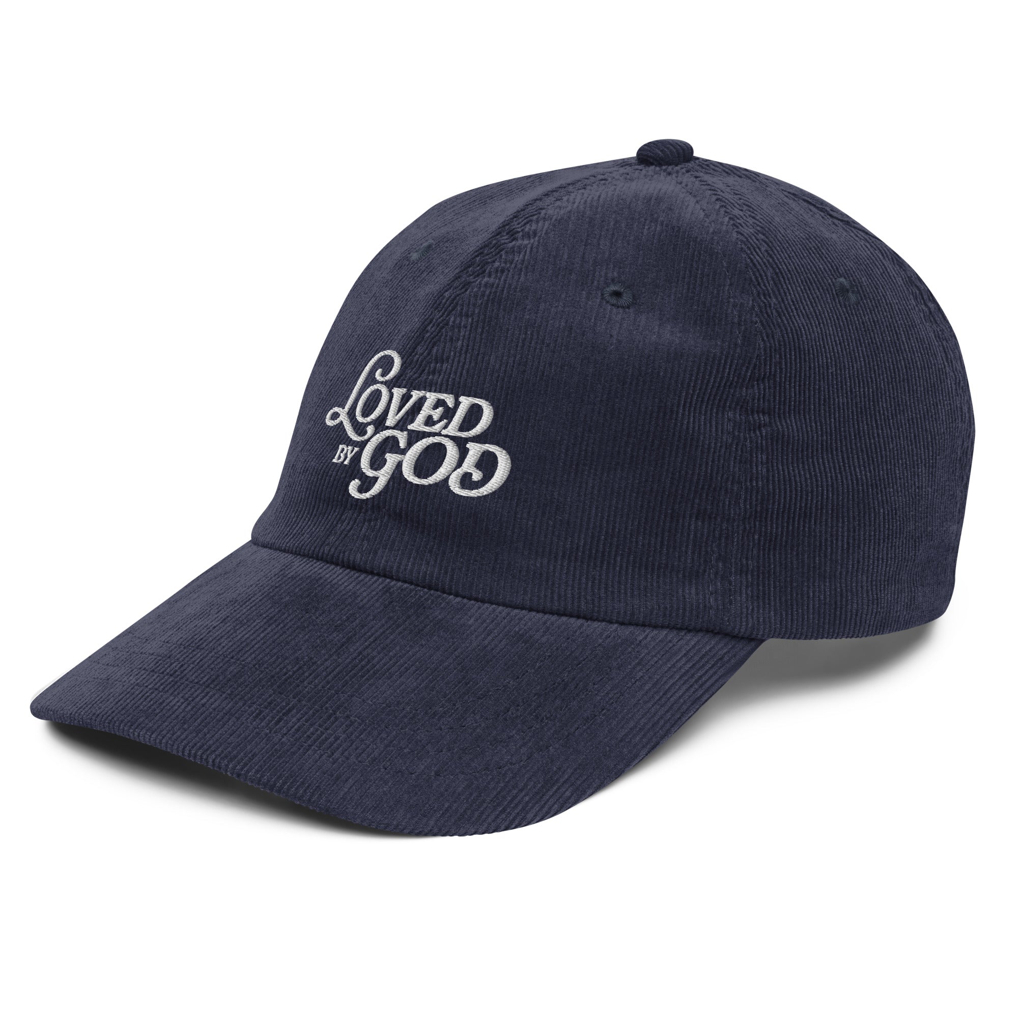 Image of Loved by God Vintage Corduroy Cap Christian streetwear navy left front view — Entrusted to Him