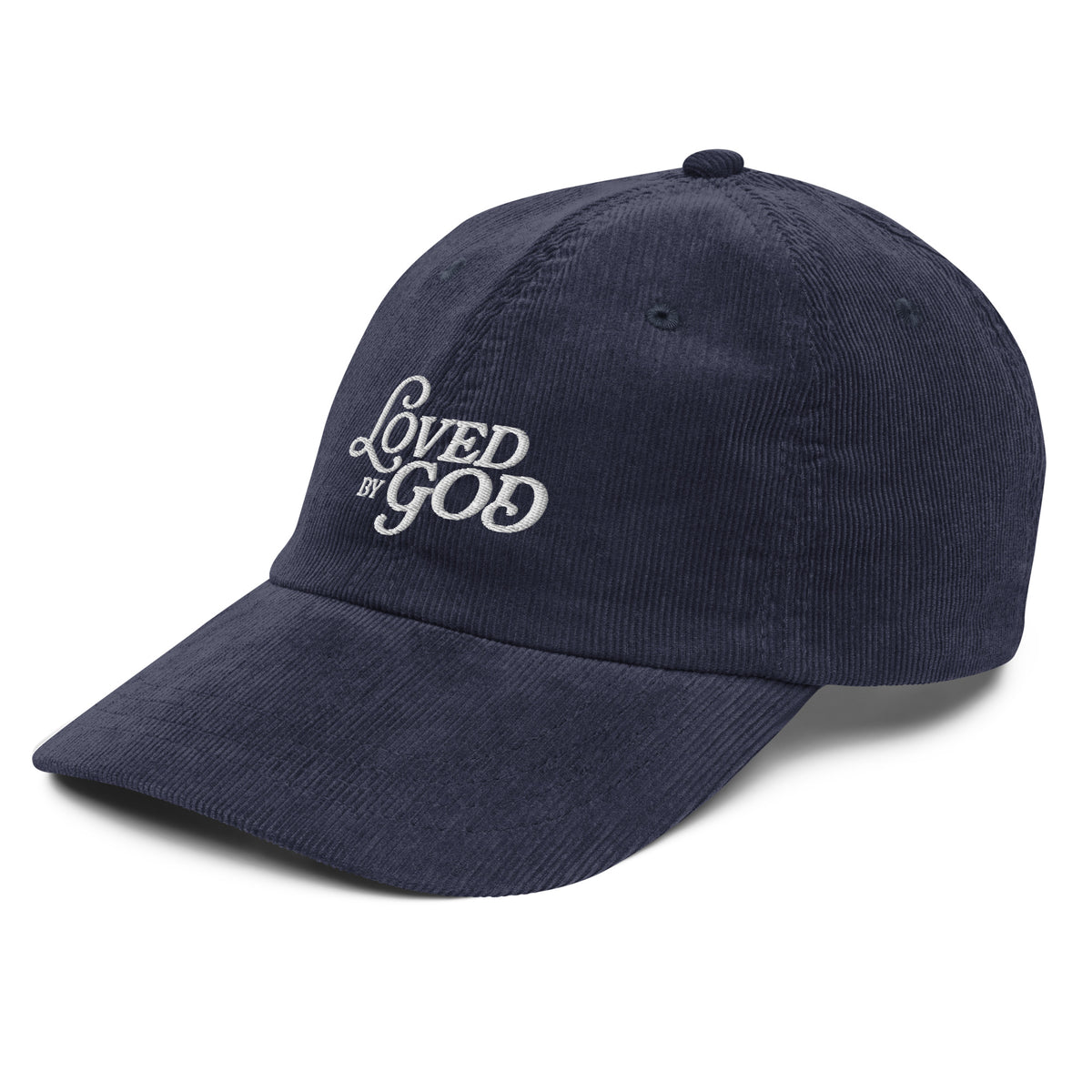 Loved by God Vintage Corduroy Cap Christian streetwear navy left front view — Entrusted to Him