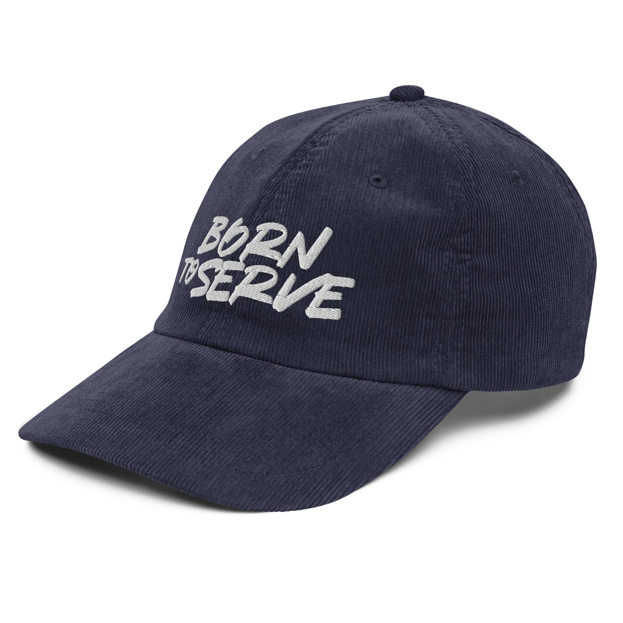 Image of Born To Serve Vintage Corduroy Cap Christian streetwear navy left front view — Entrusted to Him