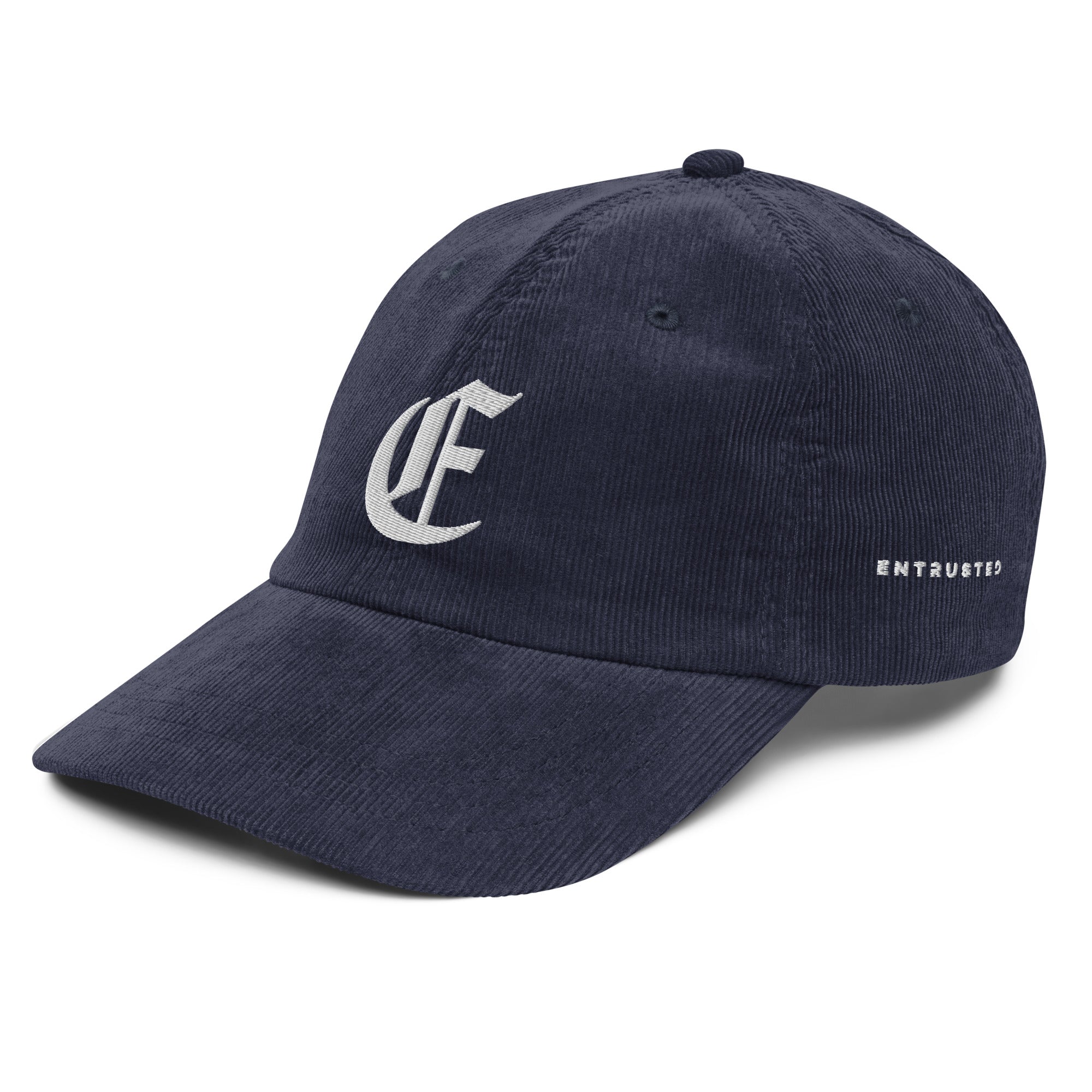 Image of Entrusted Corduroy christian hat for women navy left front view — Entrusted to Him