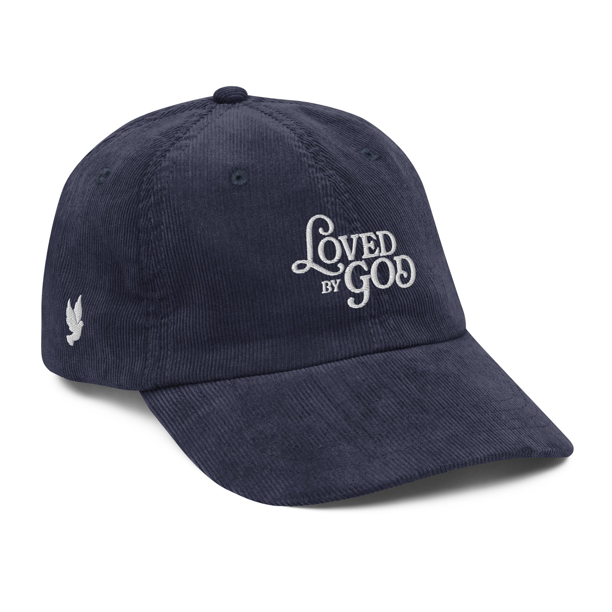 Image of Loved by God Vintage Corduroy Cap Christian streetwear navy right front view — Entrusted to Him