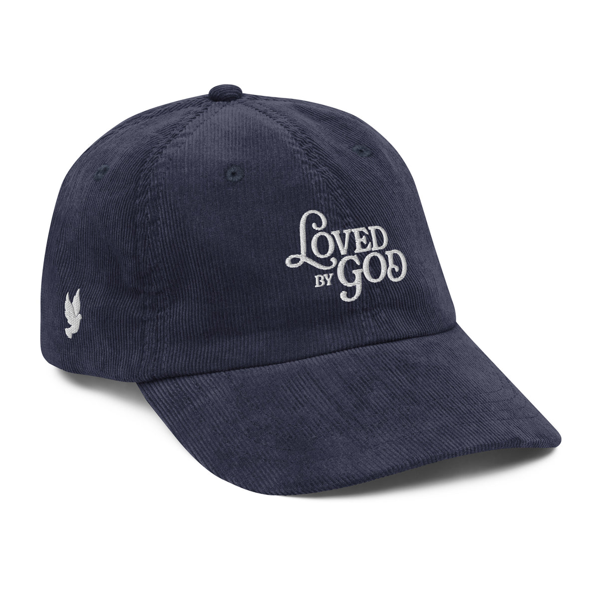 Loved by God Vintage Corduroy Cap Christian streetwear navy right front view — Entrusted to Him