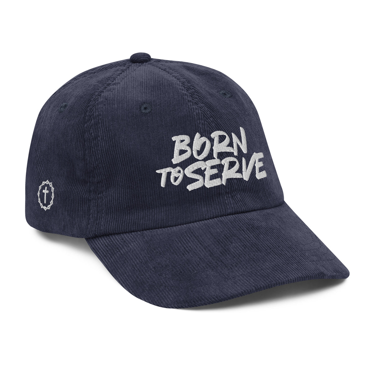 Born To Serve Vintage Corduroy Cap Christian streetwear navy right front view — Entrusted to Him
