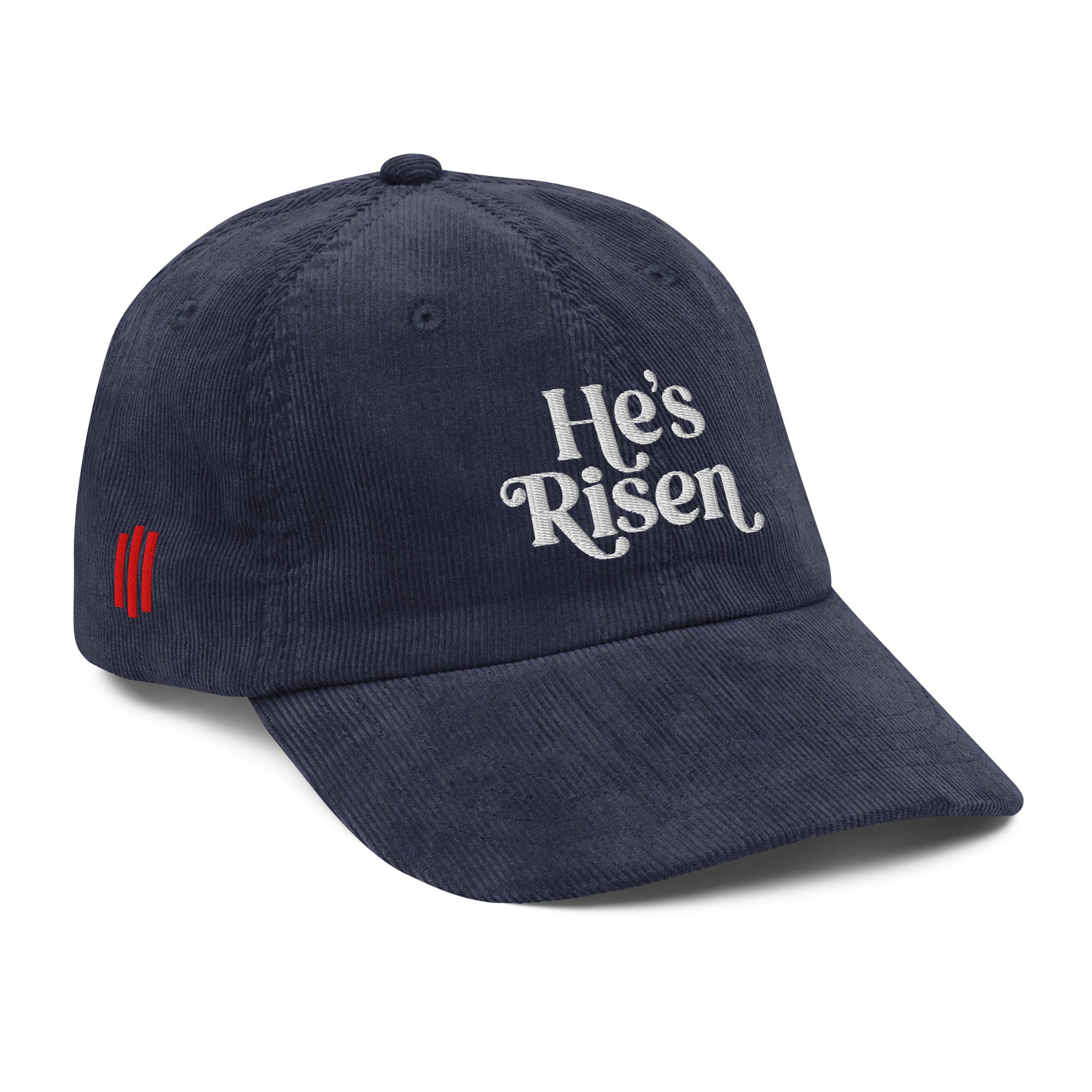 Image of He's Risen Limited Edition Christian hat navy right front view — Entrusted to Him