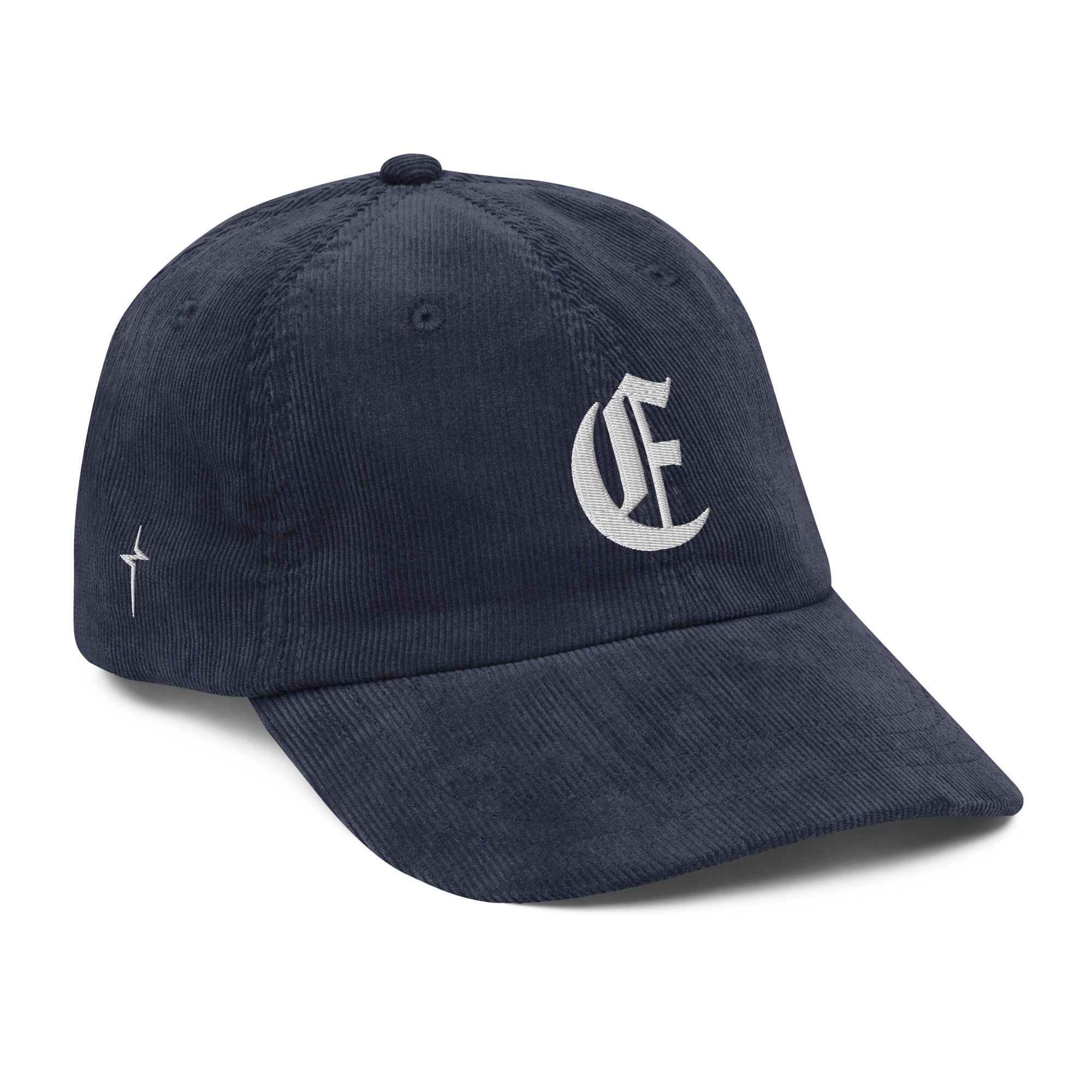 Image of Entrusted Corduroy Christian hat navy right front view — Entrusted to Him
