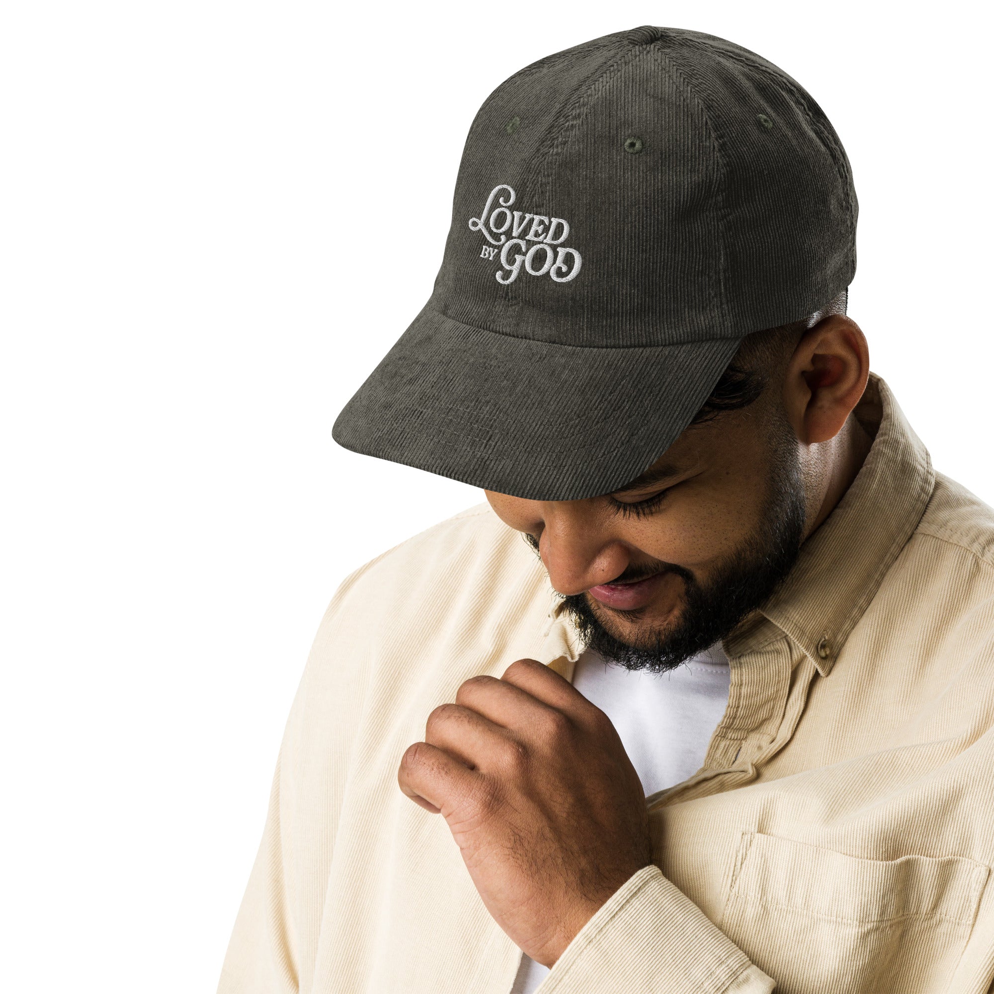 Image of Loved by God Vintage Corduroy Cap Christian streetwear olive front view — Entrusted to Him