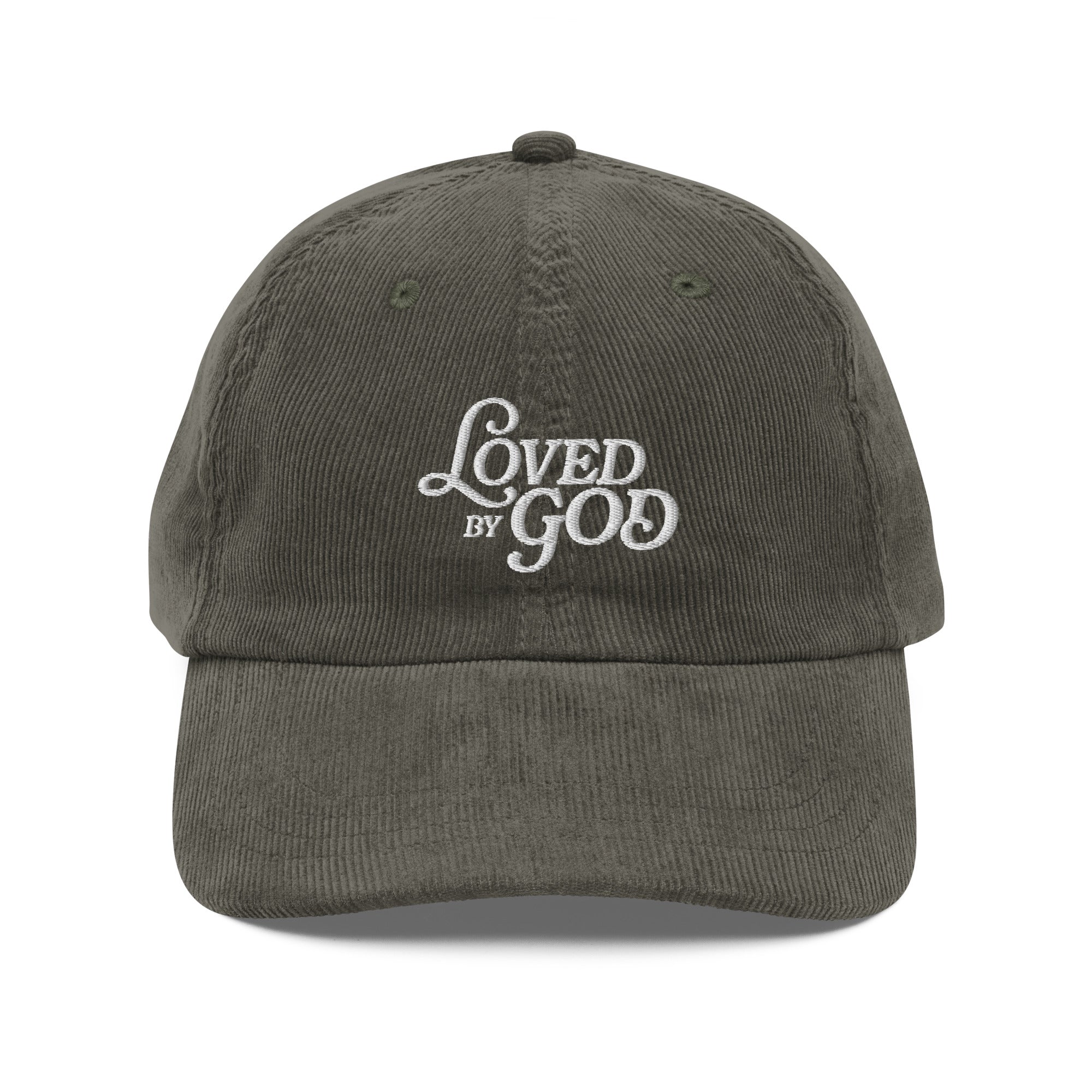 Image of Loved by God Vintage Corduroy Cap Christian streetwear olive front view — Entrusted to Him