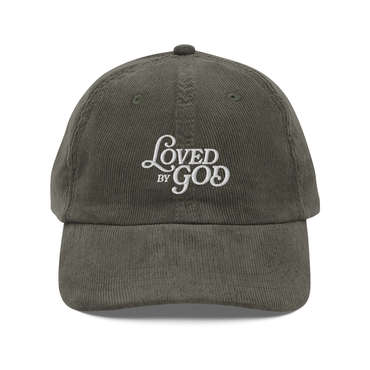 Loved by God Vintage Corduroy Cap Christian streetwear olive front view — Entrusted to Him