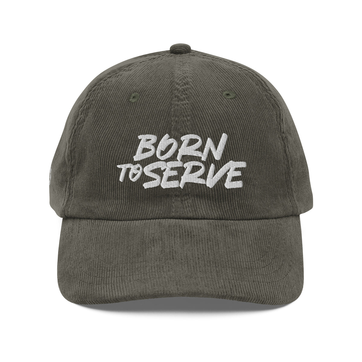 Born To Serve Vintage Corduroy Cap Christian streetwear olive front view — Entrusted to Him