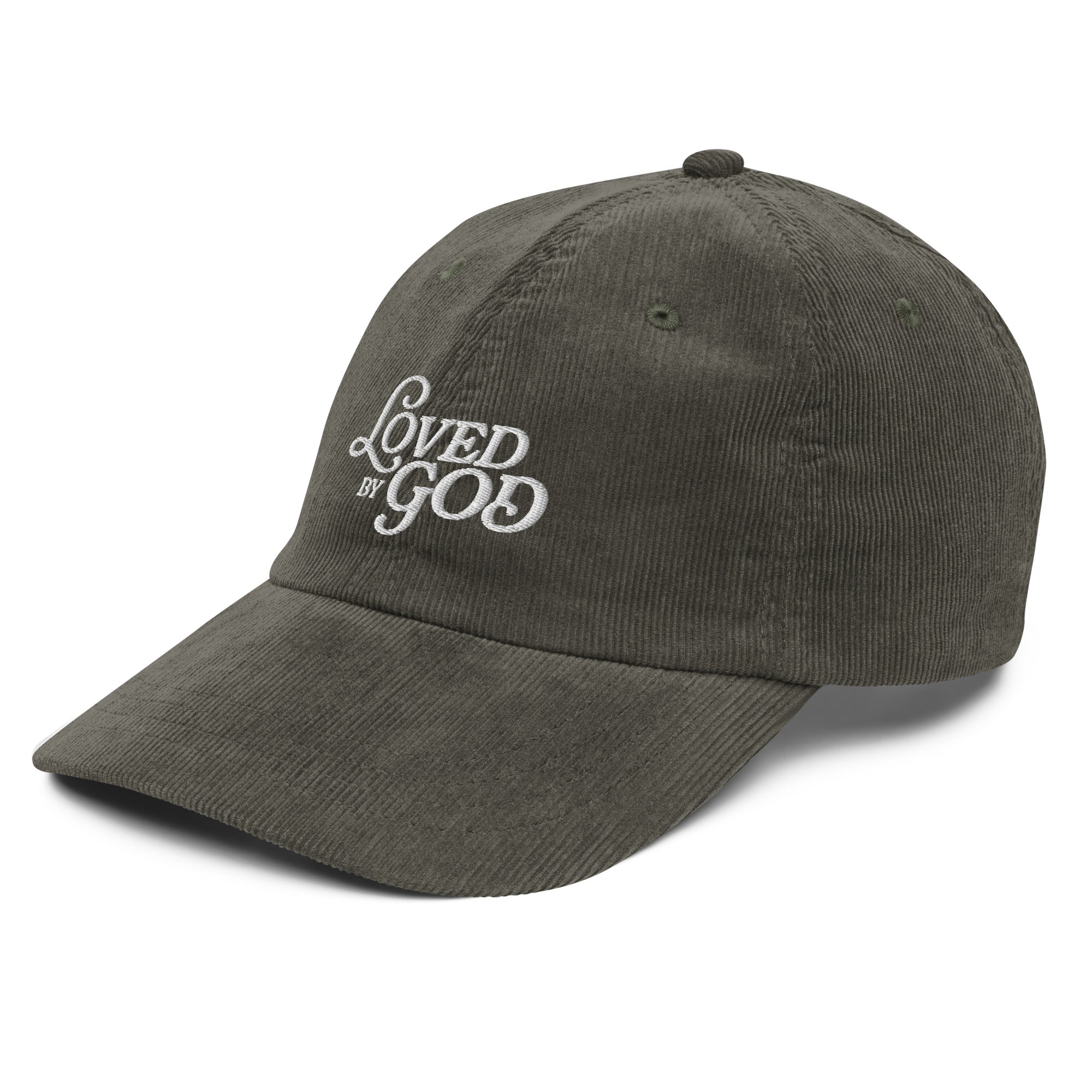 Image of Loved by God Vintage Corduroy Cap Christian streetwear olive left front view — Entrusted to Him