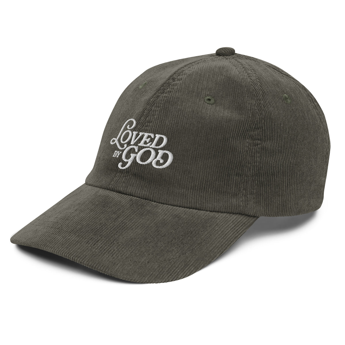 Loved by God Vintage Corduroy Cap Christian streetwear olive left front view — Entrusted to Him