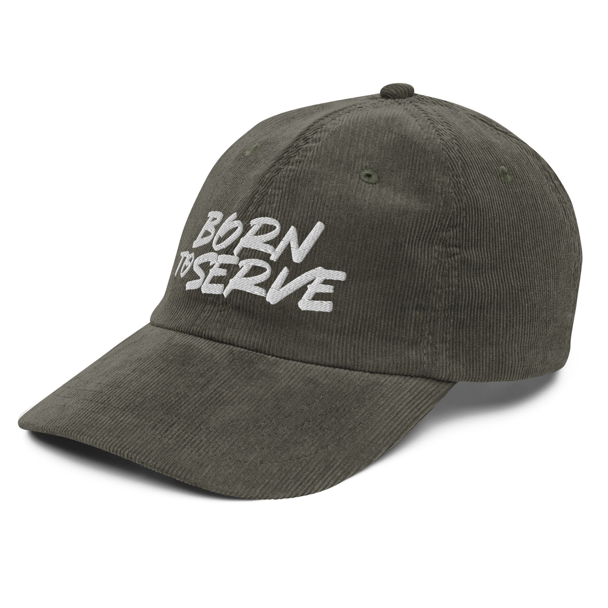 Born To Serve Vintage Corduroy Cap Christian streetwear olive left front view — Entrusted to Him
