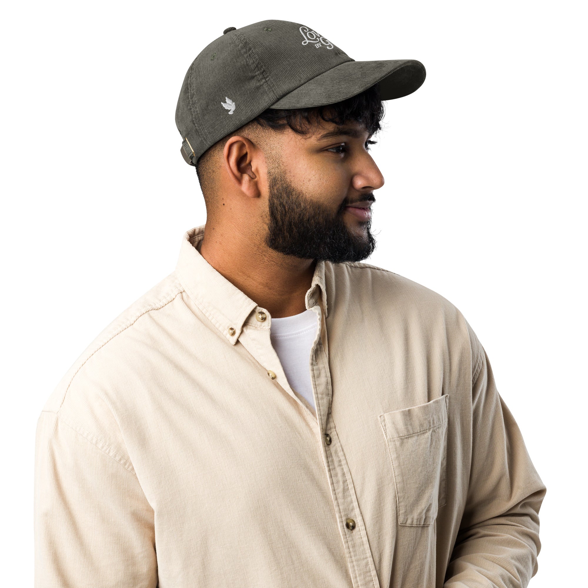 Image of Loved by God Vintage Corduroy Cap Christian streetwear olive right side view — Entrusted to Him