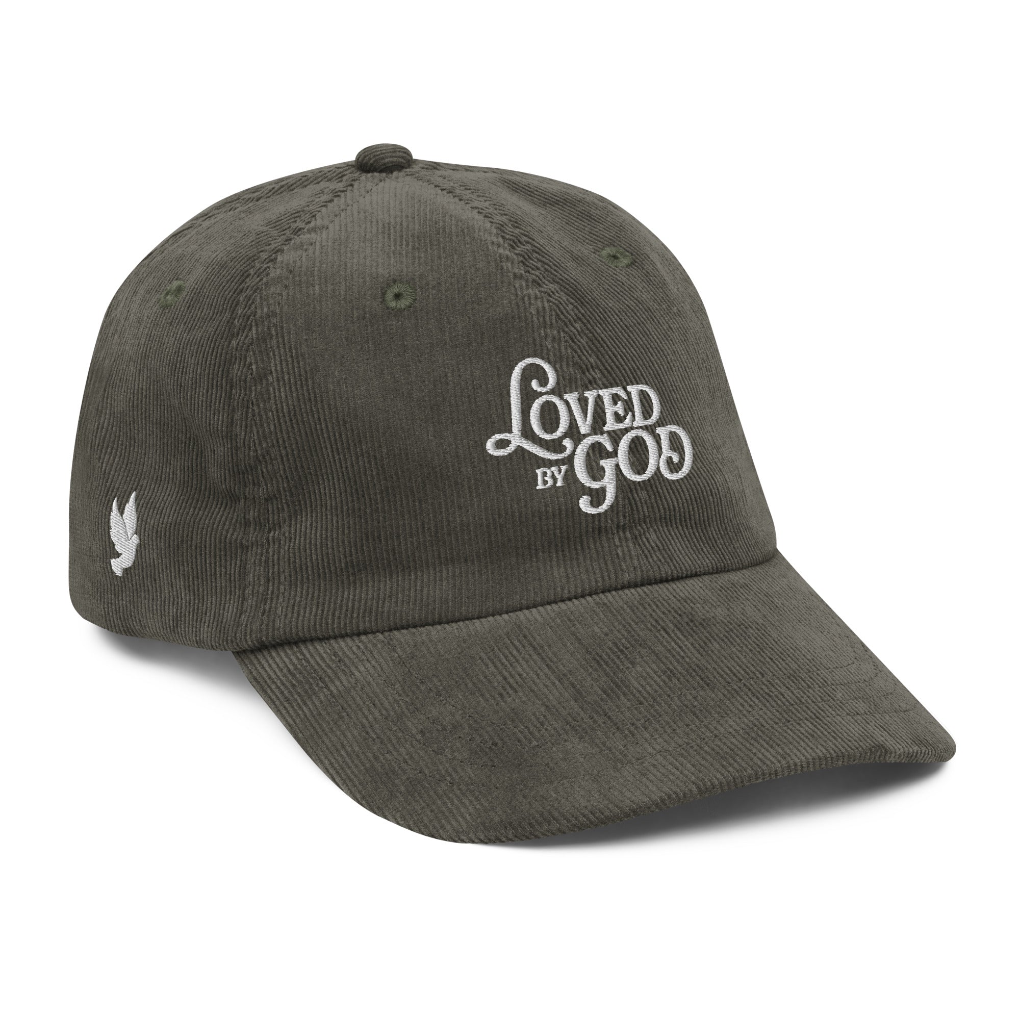 Image of Loved by God Vintage Corduroy Cap Christian streetwear olive right front view — Entrusted to Him
