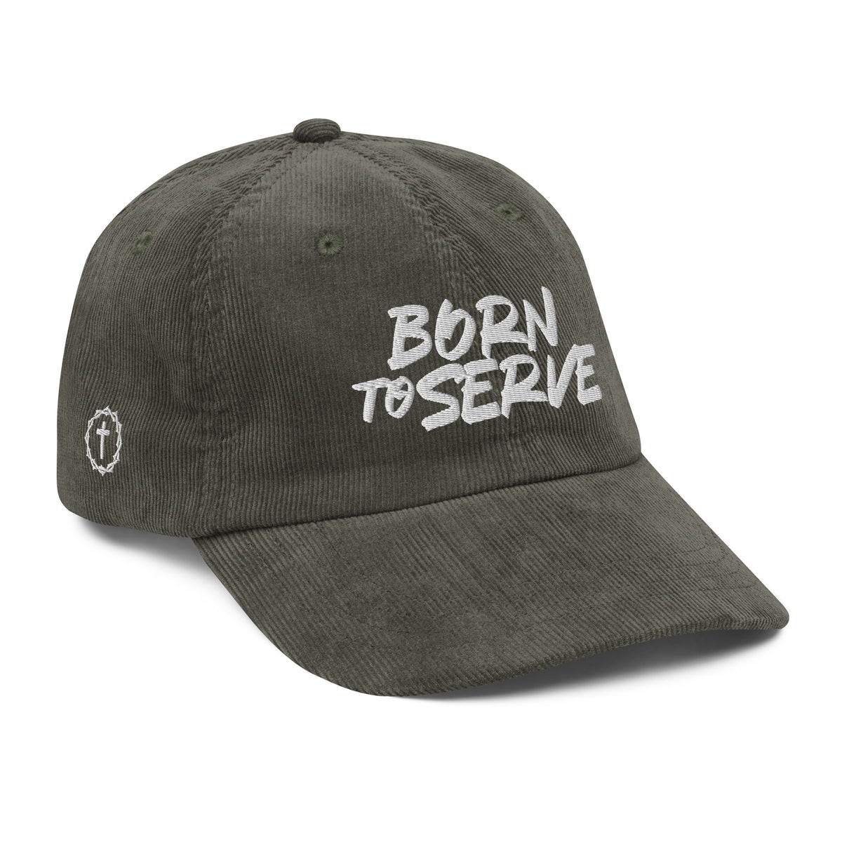 Born To Serve Vintage Corduroy Cap Christian streetwear olive right front view — Entrusted to Him