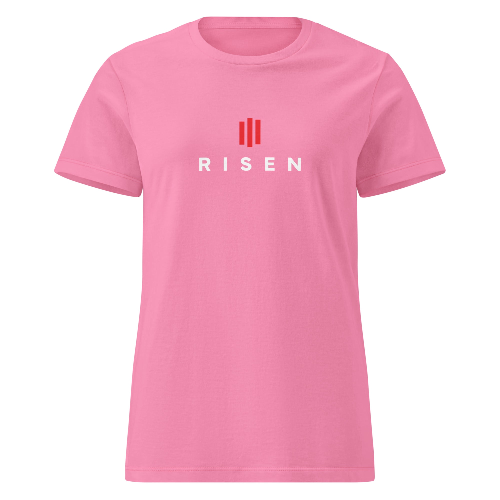 Image of Risen women's Christian t-shirt azalea front view — Entrusted to Him