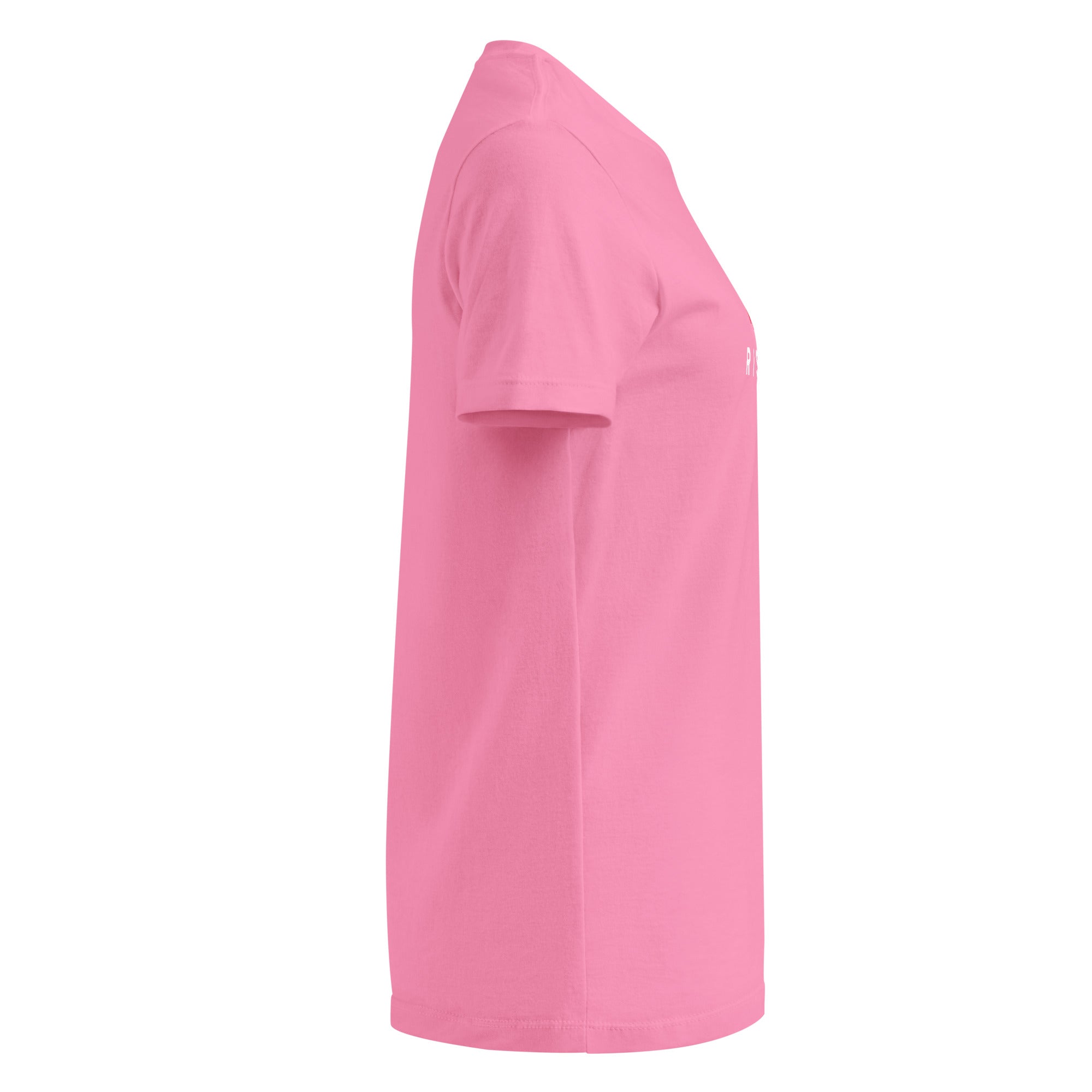 Image of Risen women's Christian t-shirt azalea right side view — Entrusted to Him