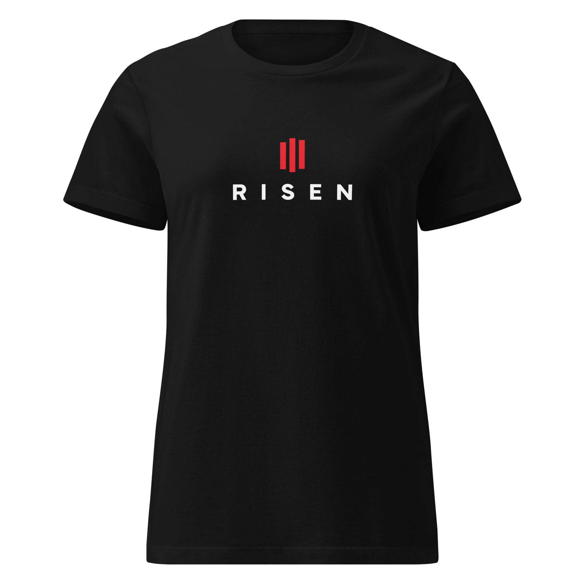 Image of Risen women's Christian t-shirt black front view — Entrusted to Him