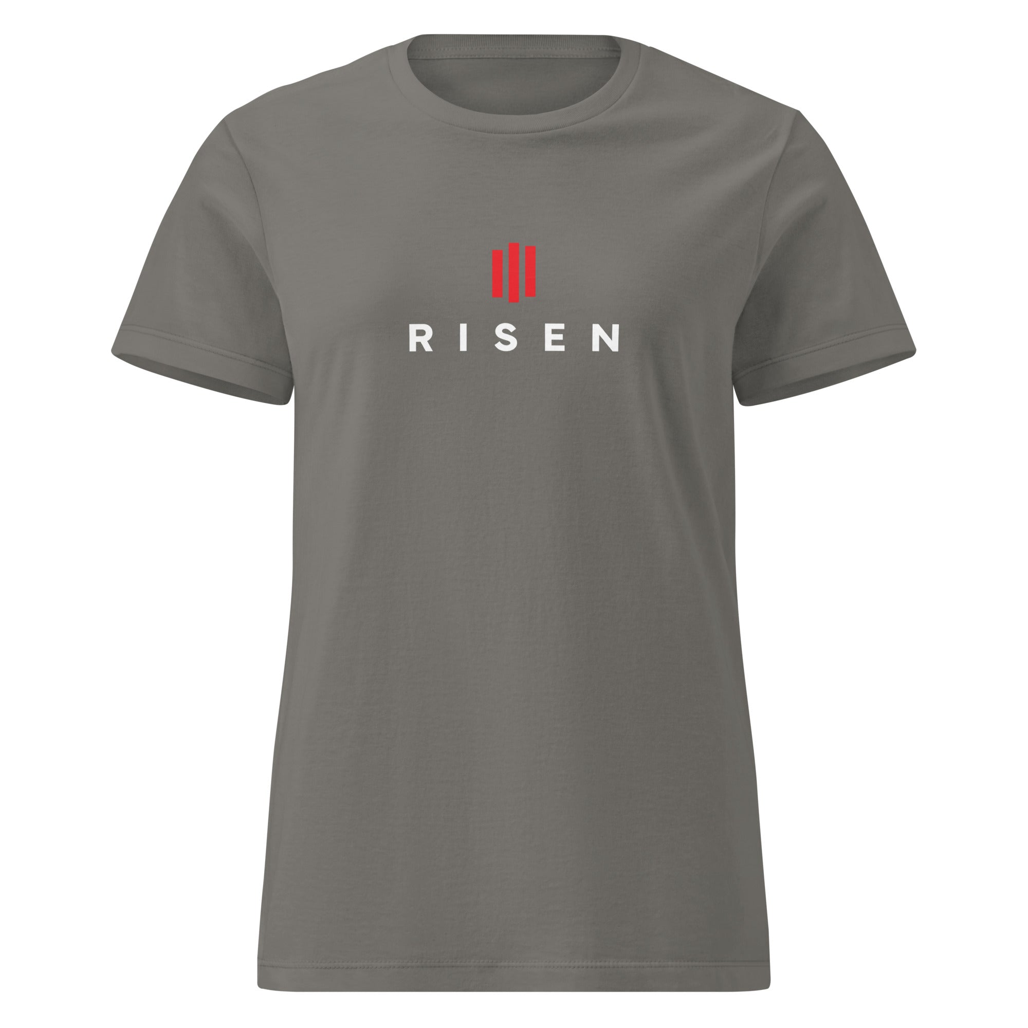 Image of Risen women's Christian t-shirt charcoal front view — Entrusted to Him