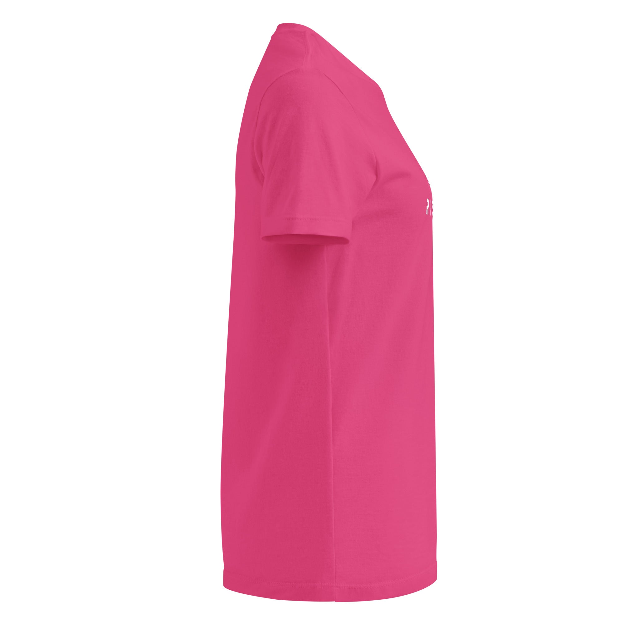 Image of Risen women's Christian t-shirt heliconia right side view — Entrusted to Him