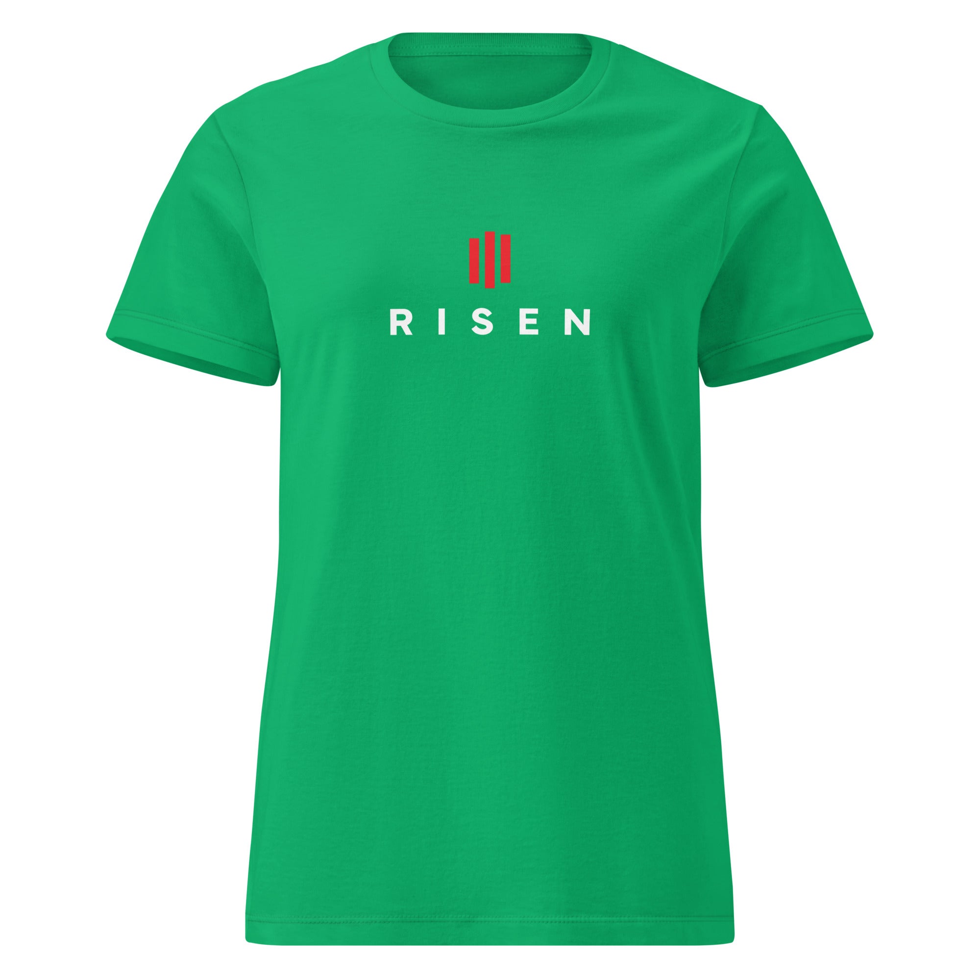 Image of Risen women's Christian t-shirt Irish green front view — Entrusted to Him