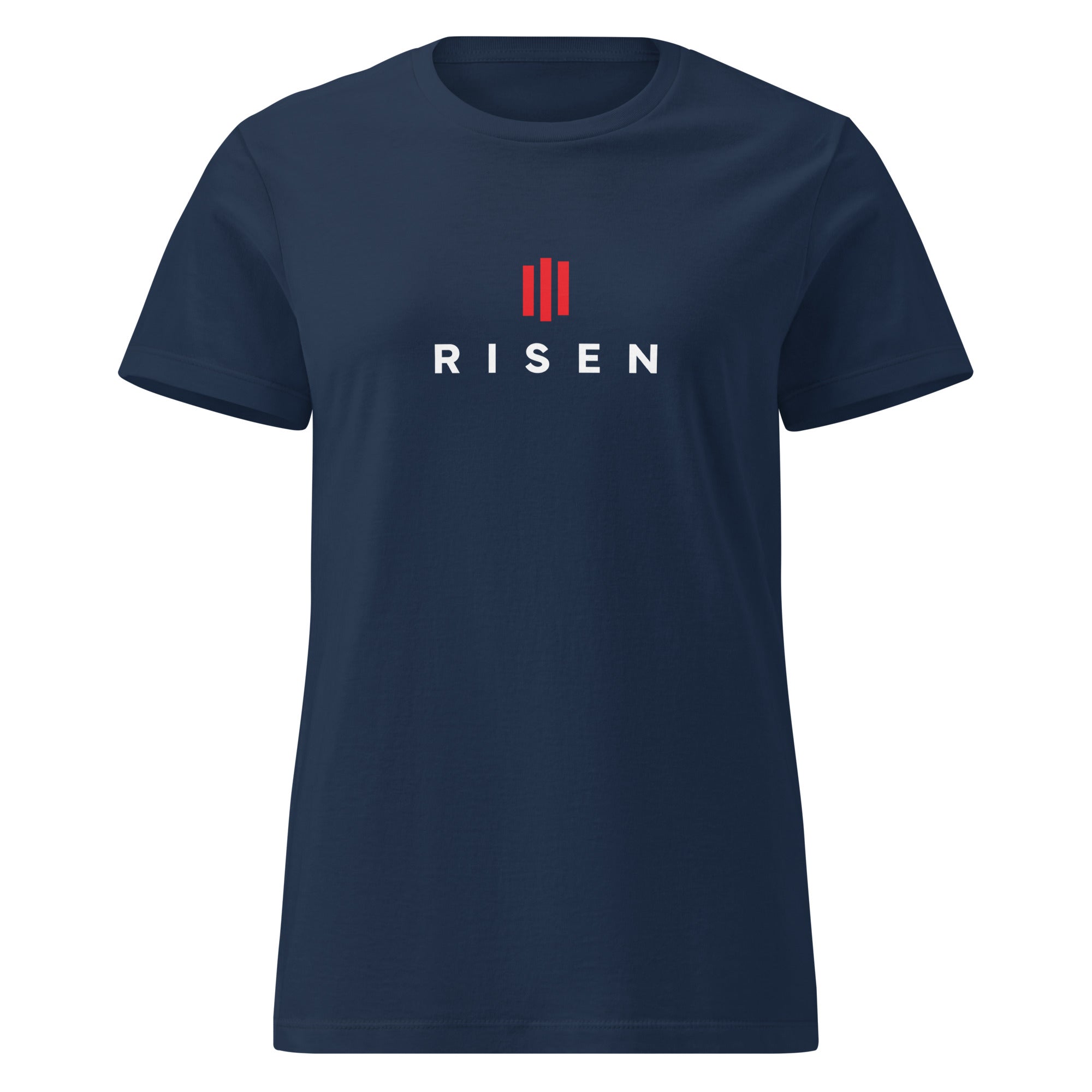 Image of Risen women's Christian t-shirt navy front view — Entrusted to Him