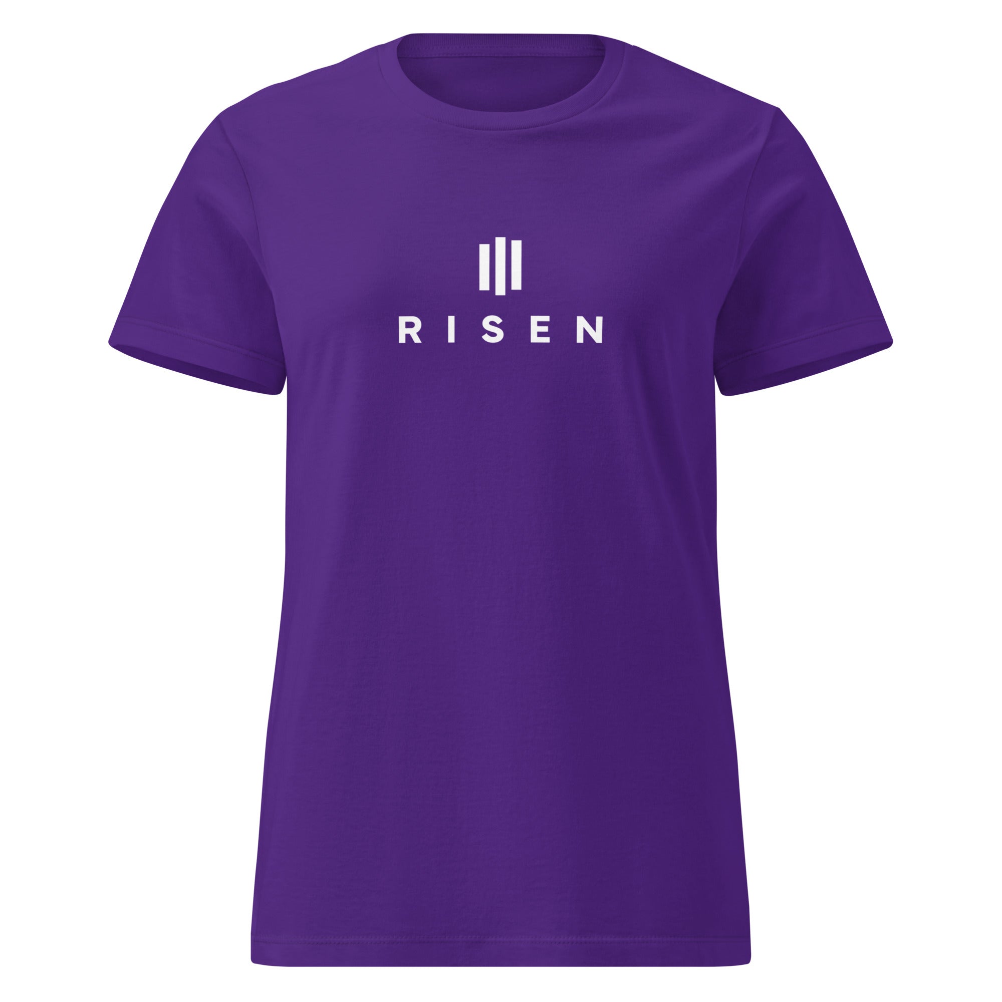 Image of Risen Christian graphic tee women purple front view — Entrusted to Him