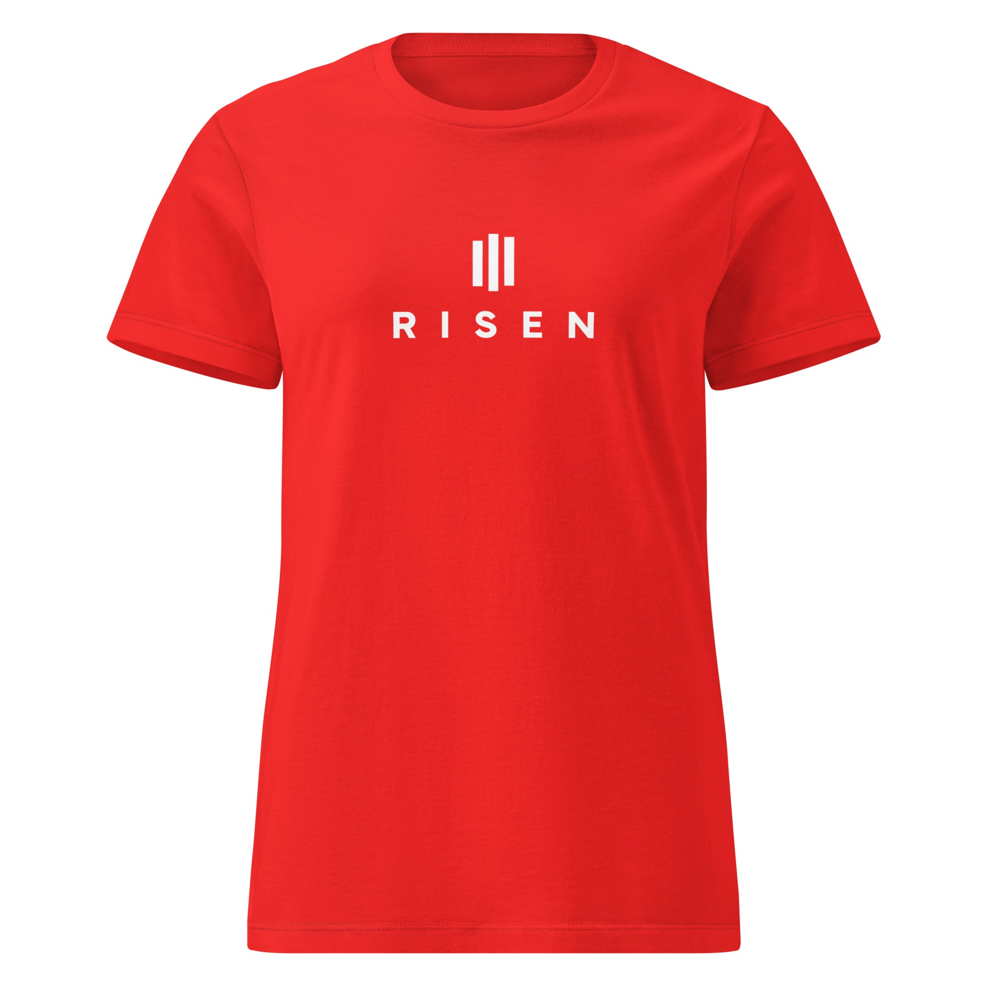 Image of Risen women's Christian t-shirt red front view — Entrusted to Him