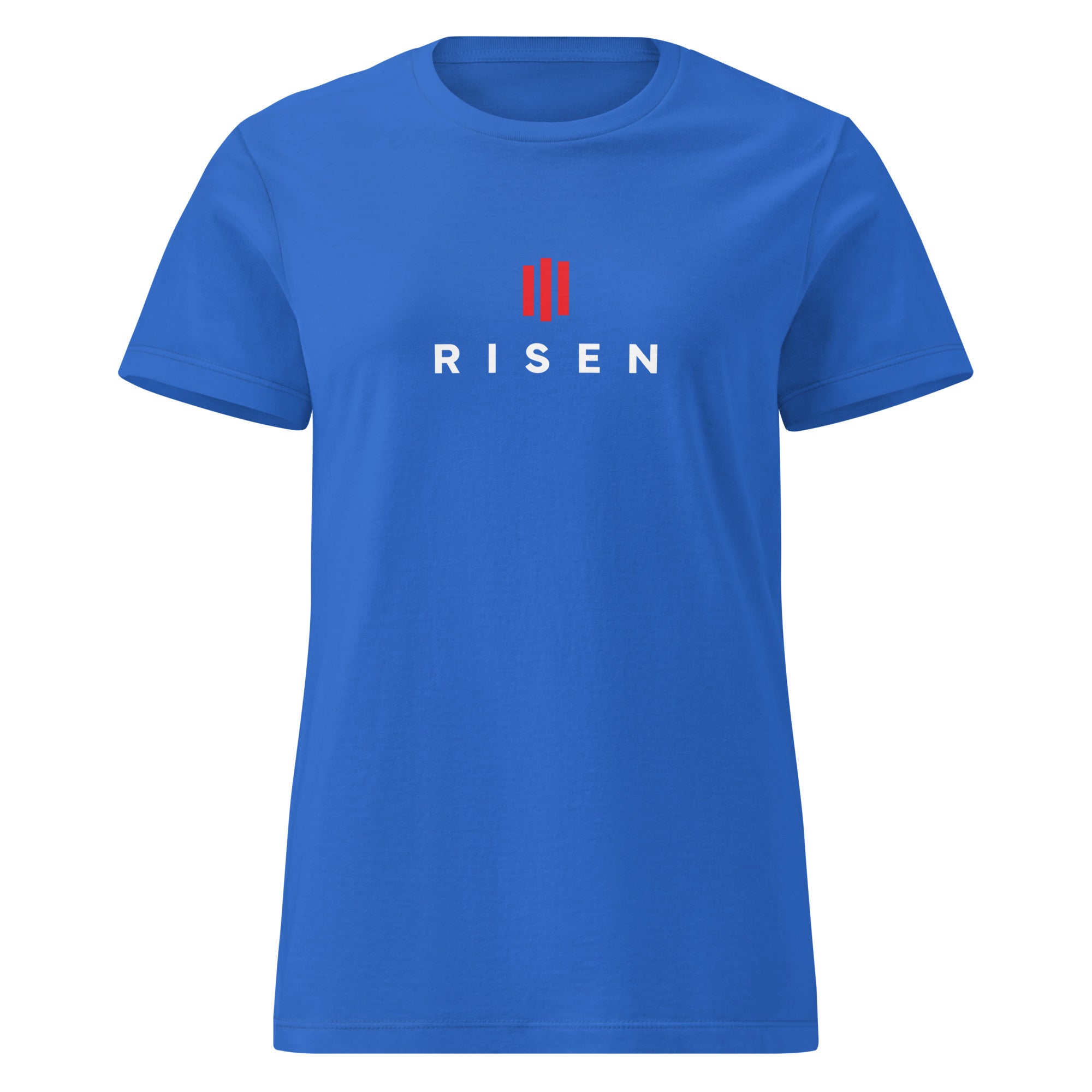 Image of Risen Christian clothing for women royal blue front view — Entrusted to Him