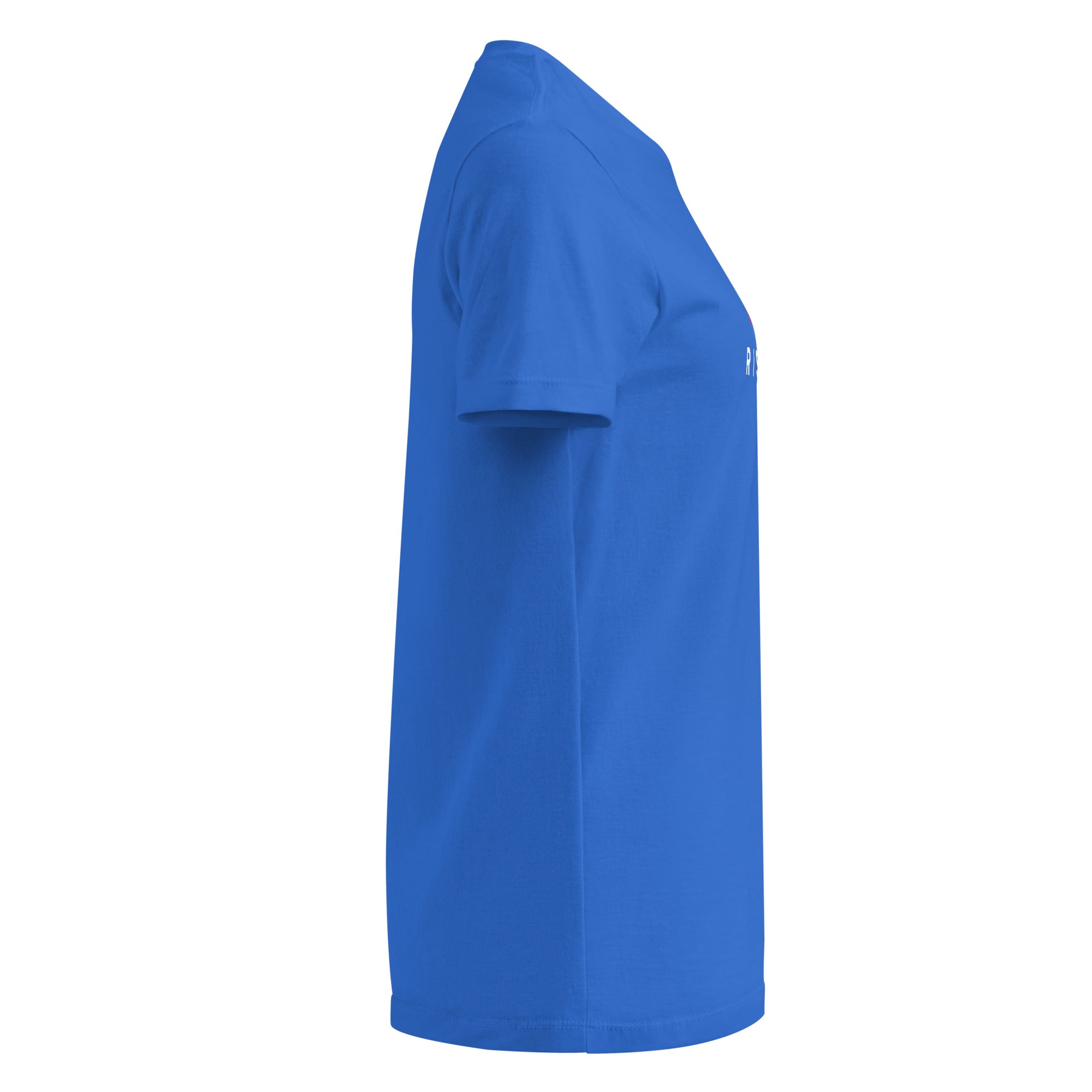 Image of Risen Christian graphic tee women royal blue right side view — Entrusted to Him