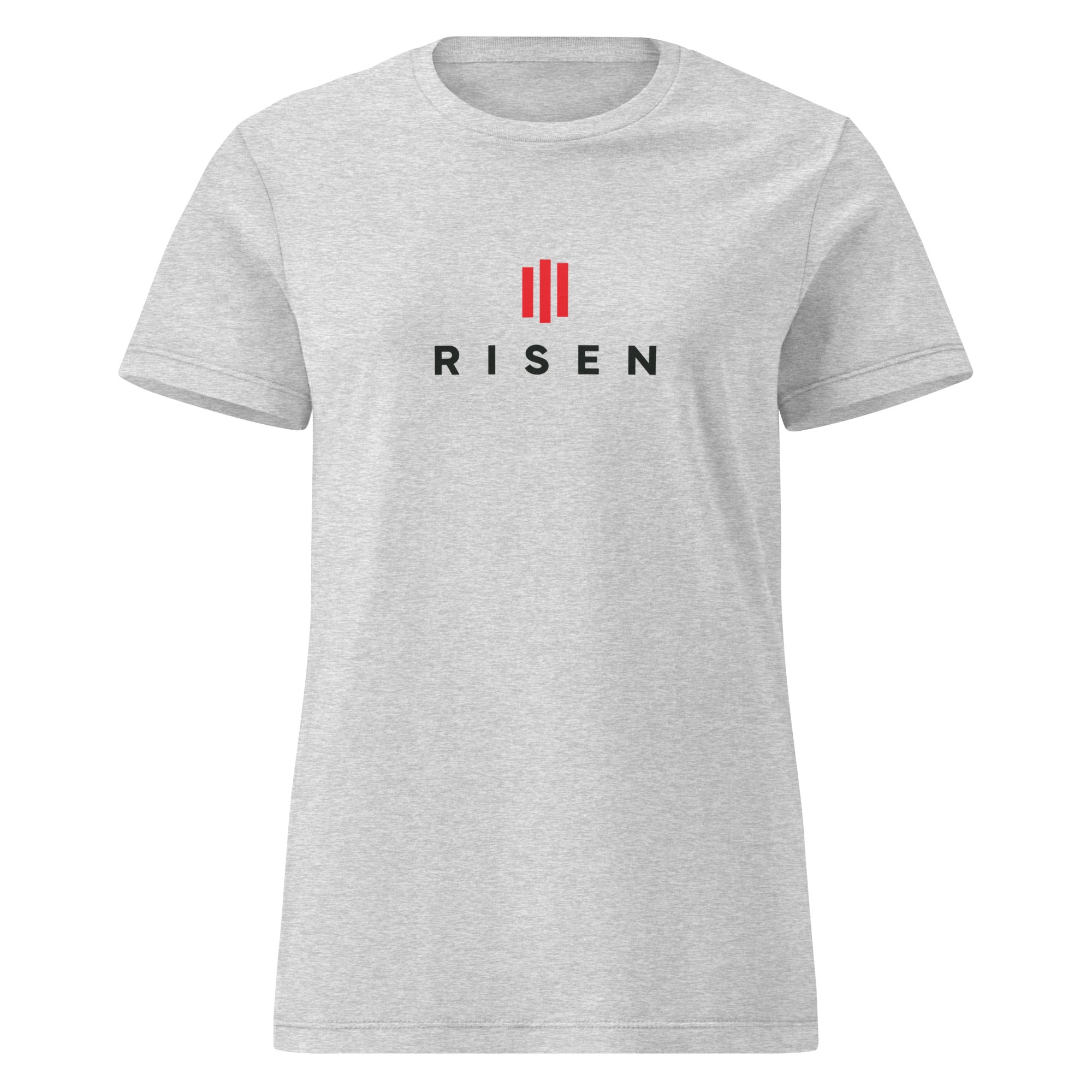 Image of Risen women's Christian t-shirt sport grey front view — Entrusted to Him