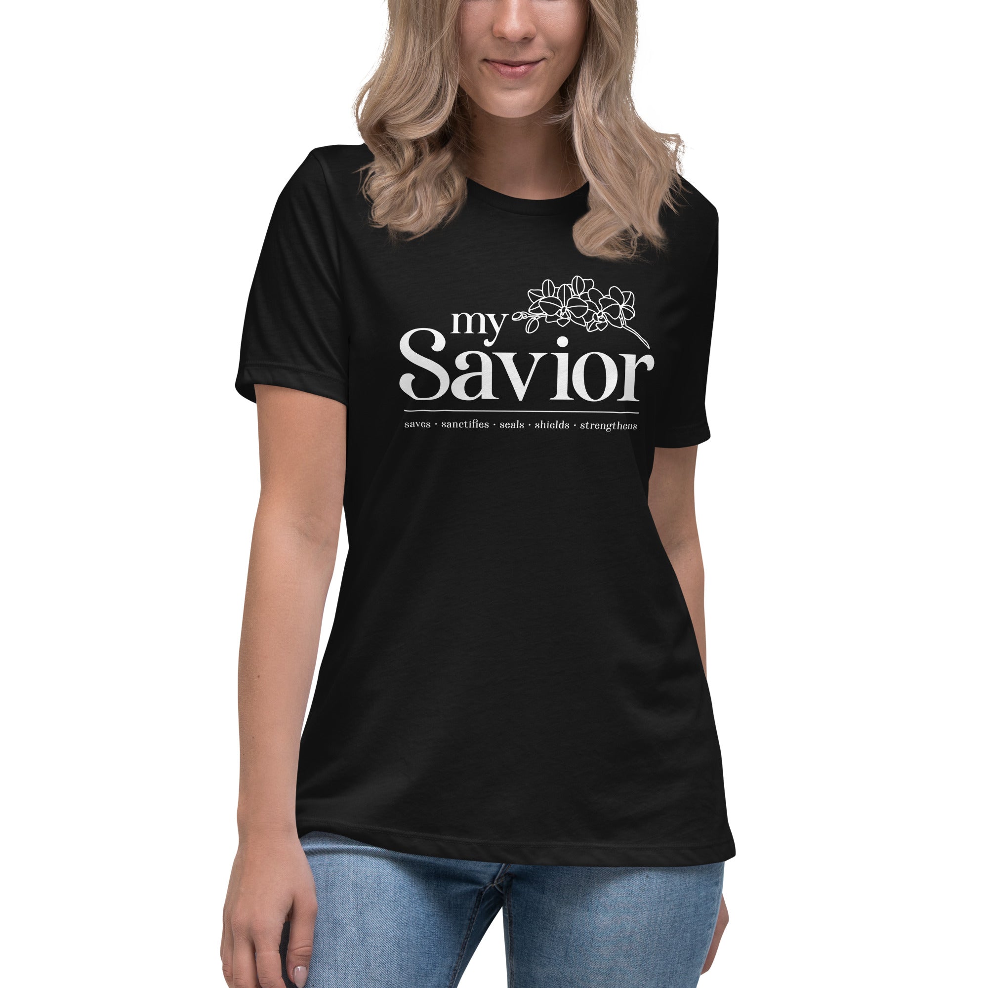 Image of My Savior Jesus shirt women black front alternate view — Entrusted to Him