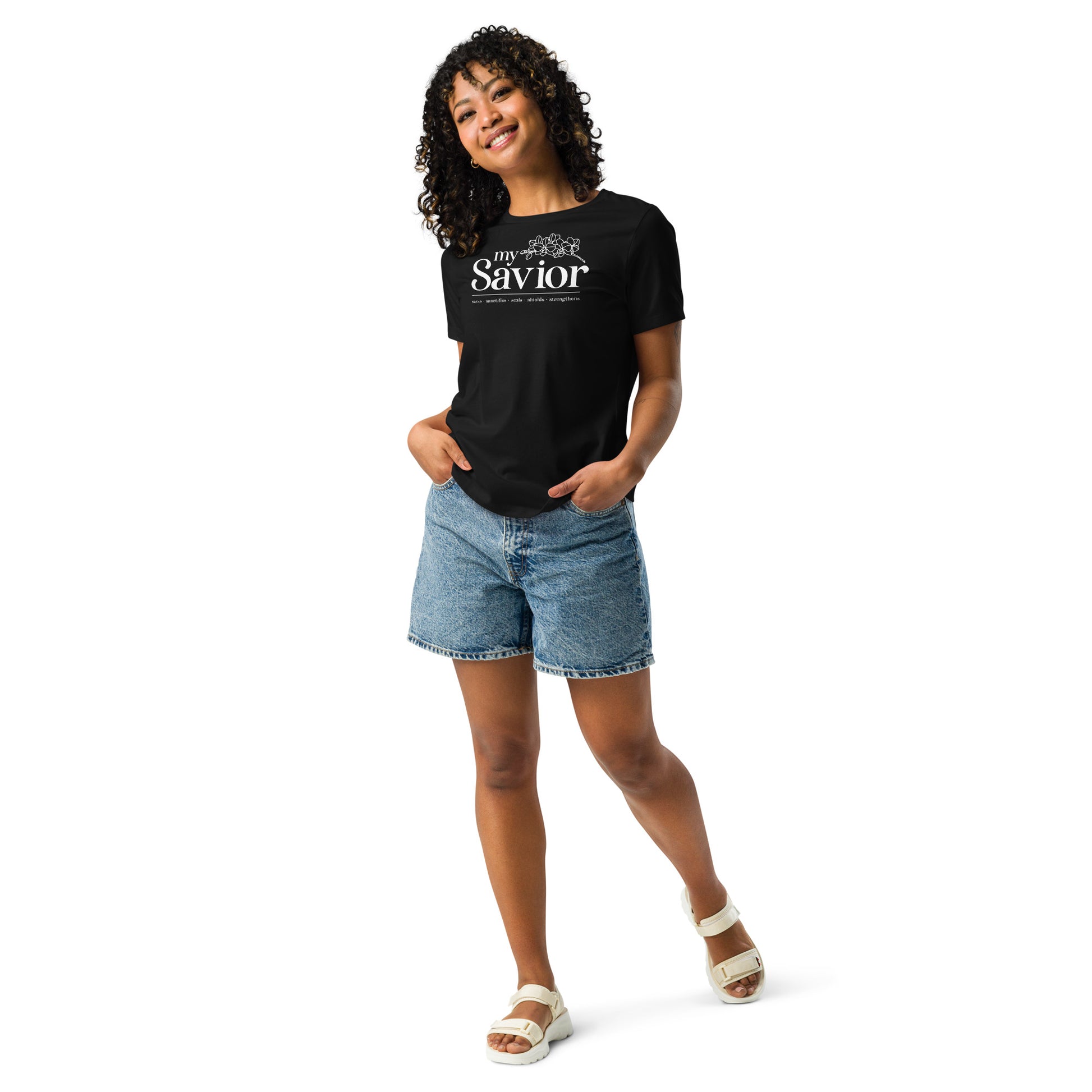 My Savior Jesus shirt women black front detail view — Entrusted to Him