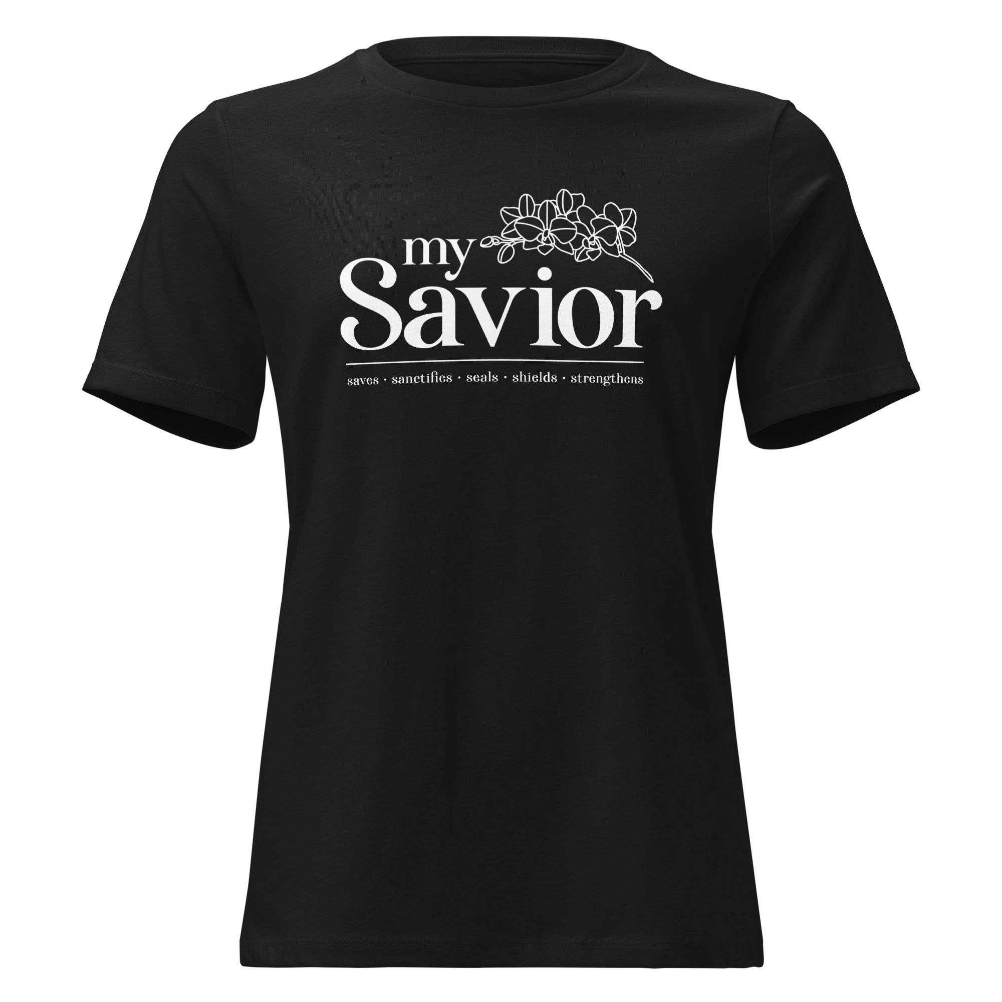 Image of My Savior women's Christian t-shirt black front view — Entrusted to Him