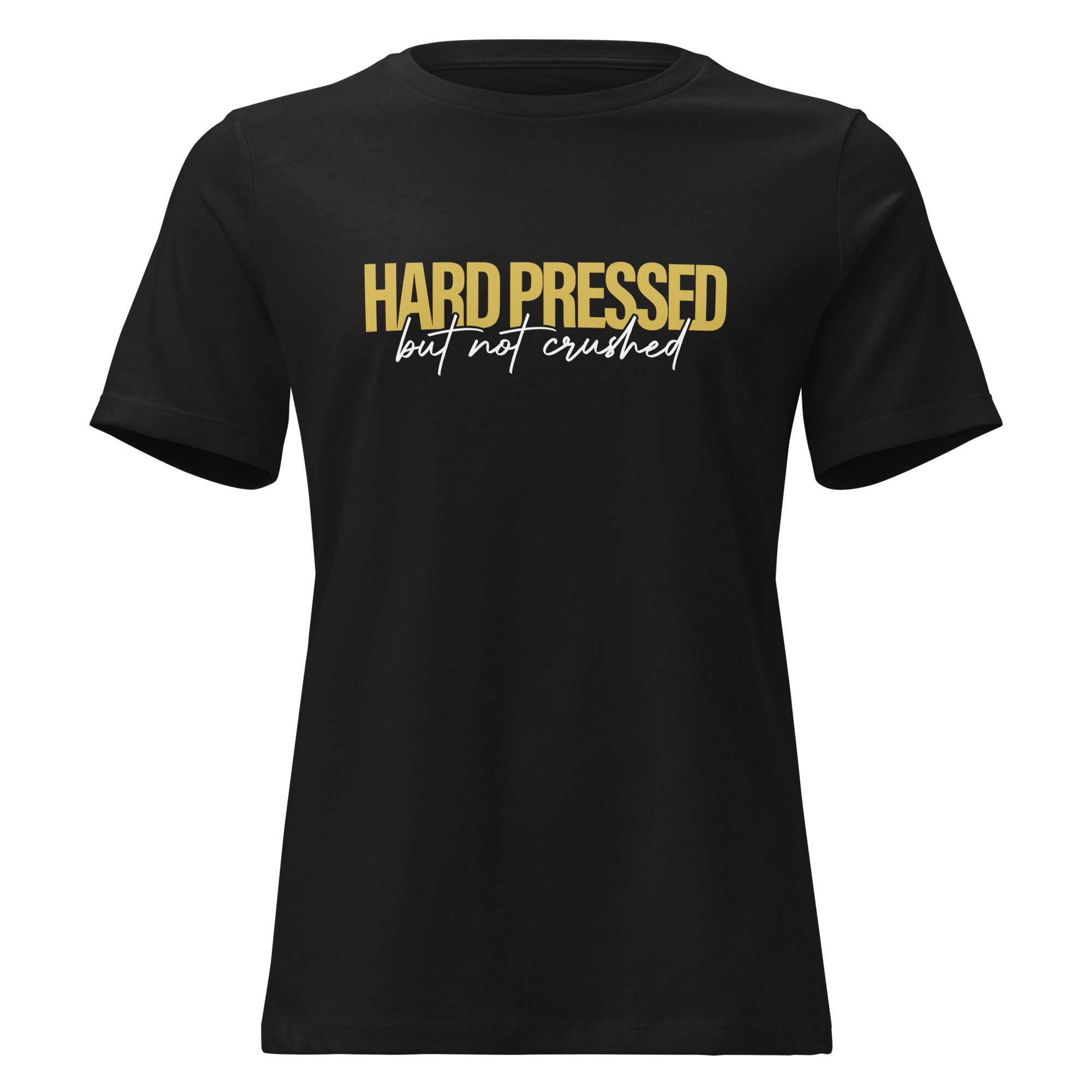Image of Hard Pressed Christian clothing for women black front view — Entrusted to Him